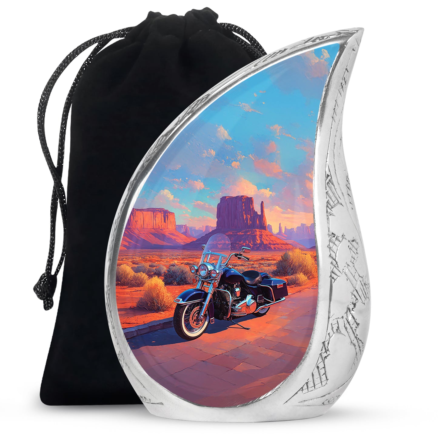 Ocean Teal Bike Cremation Urn front view showing detailed design - flowing teardrop bike silhouette on curved aluminum - full-size 10 inch 200 cubic inch adult cremation urn