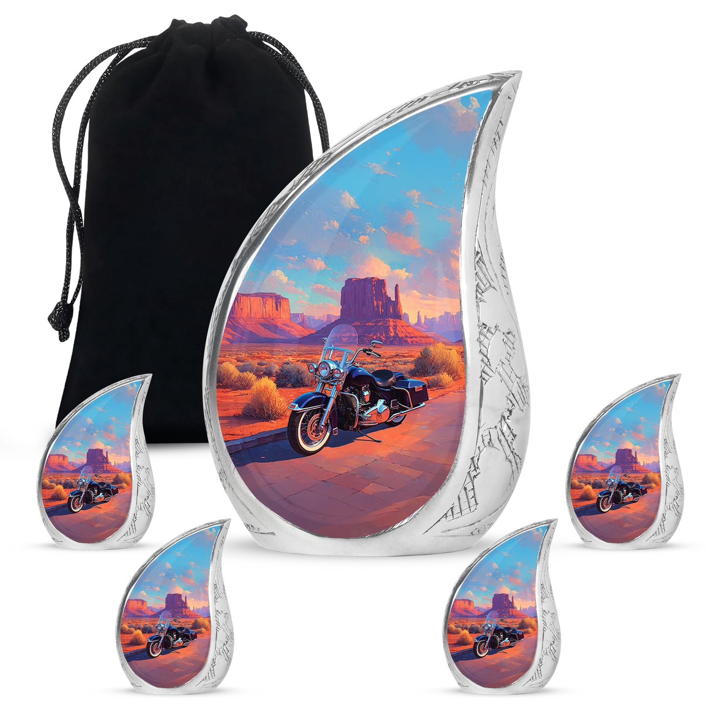 Tropical Teal Bike Cremation Urn side profile showing urn shape - graceful tear-shaped urn with bike motif - memorial set with one large and four small urns