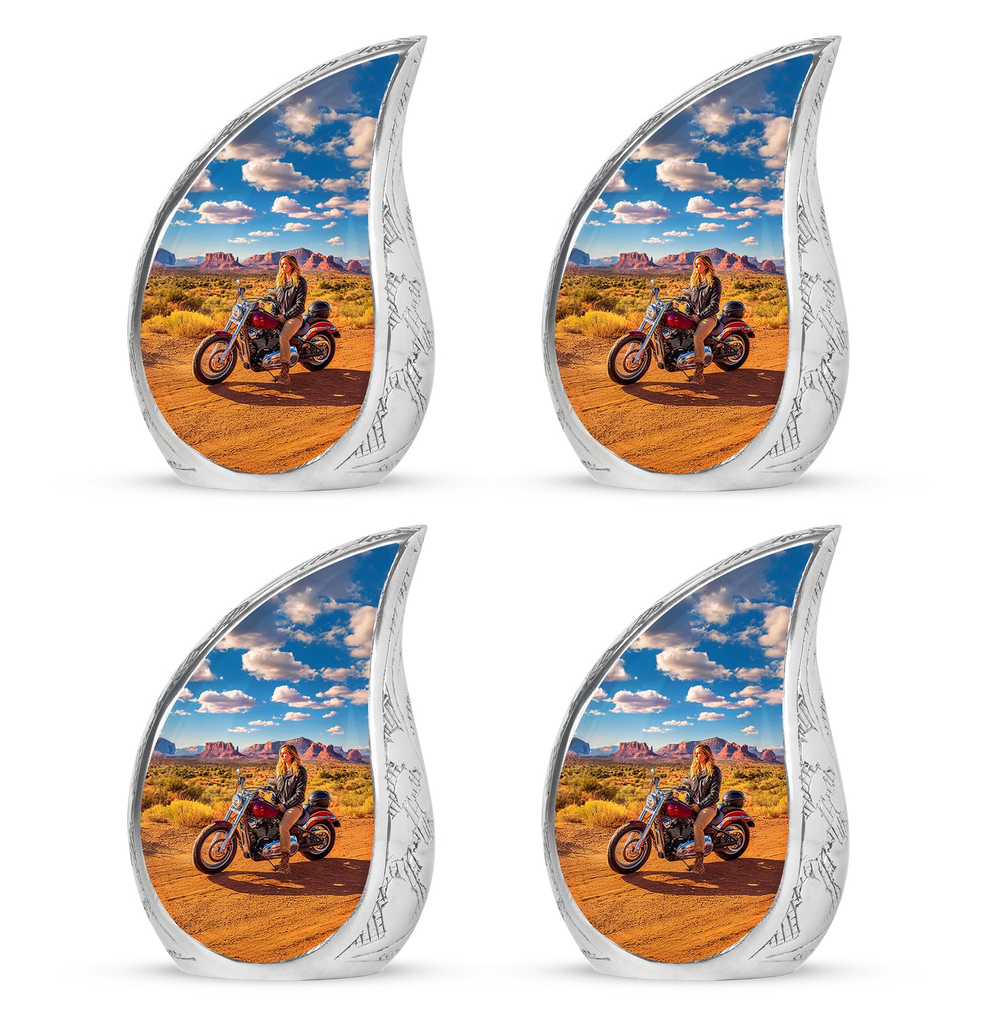 Soft Blue Bike Cremation Urn close-up of engraving and surface detail - graceful tear-shaped urn with bike motif - 10 inch aluminum urn for cremated remains