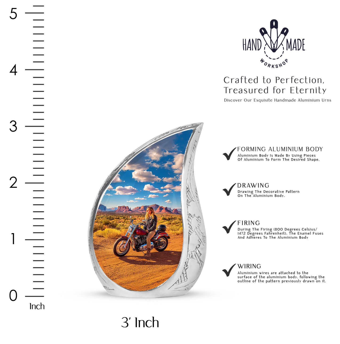 Soft Blue Bike Cremation Urn angled view of lid and engraved motif - smooth teardrop contour featuring bike art - mini keepsake memorial for portion of cremation ashes