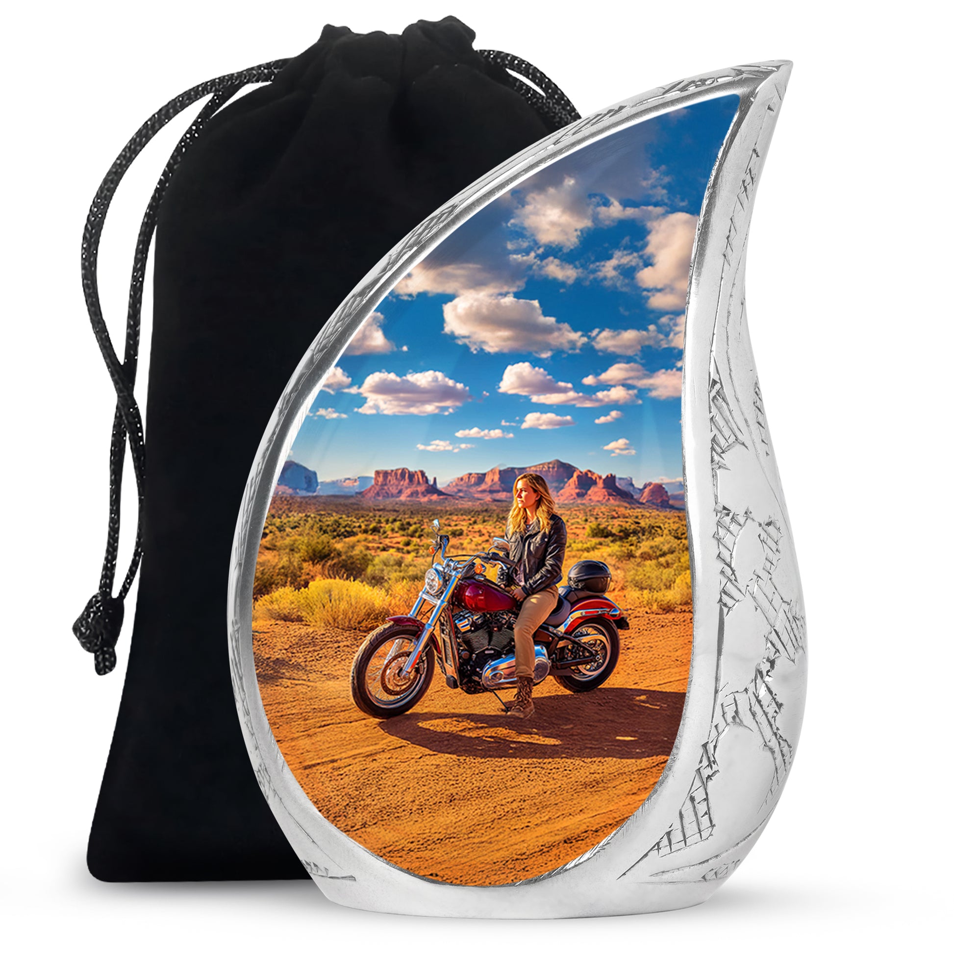 Twilight Blue Bike Cremation Urn front view showing detailed design - smooth teardrop contour featuring bike art - full-size 10 inch 200 cubic inch adult cremation urn