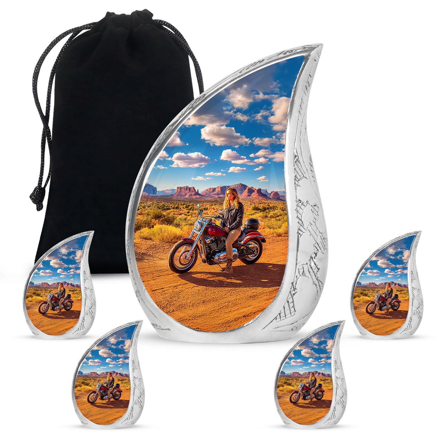Steel Blue Bike Cremation Urn side profile showing urn shape - smooth teardrop contour featuring bike art - memorial set with one large and four small urns