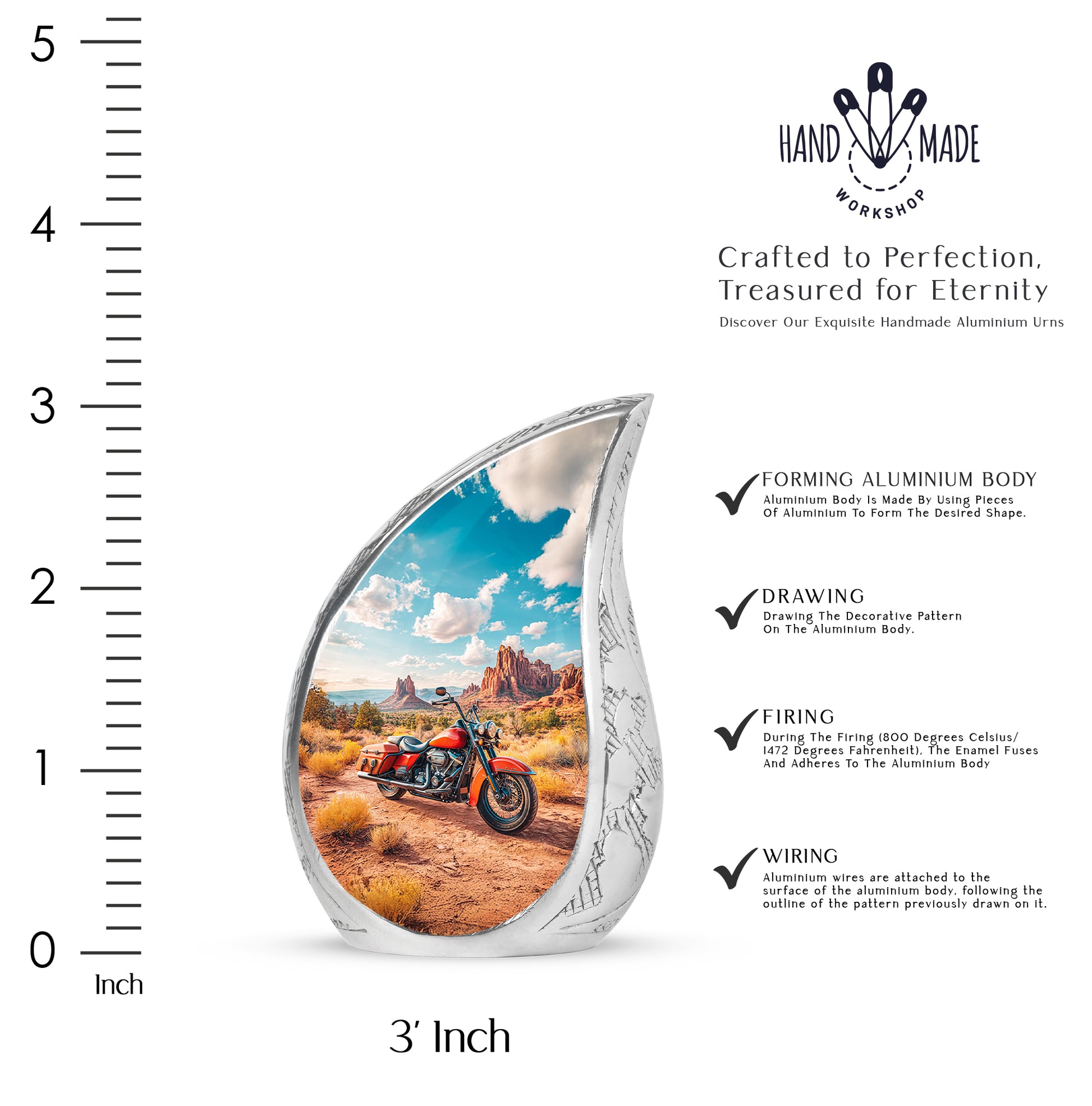 Tropical Teal Bike Cremation Urn angled view of lid and engraved motif - graceful tear-shaped urn with bike motif - mini keepsake memorial for portion of cremation ashes