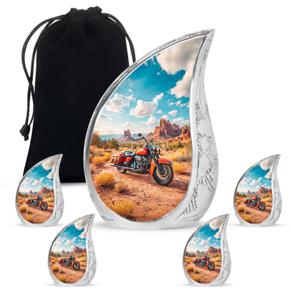 Cool Teal Bike Cremation Urn side profile showing urn shape - flowing teardrop bike silhouette on curved aluminum - memorial set with one large and four small urns