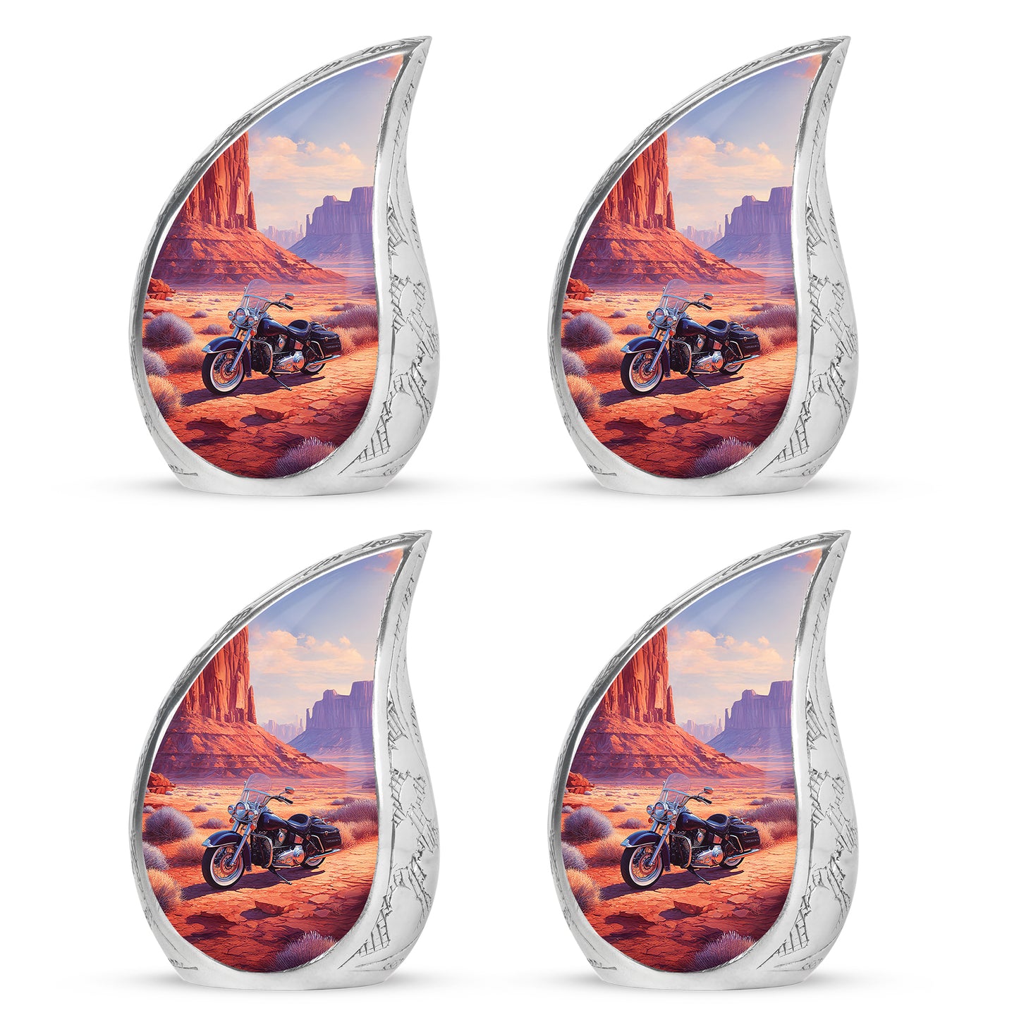 Rich Red Bike Cremation Urn close-up of engraving and surface detail - smooth teardrop contour featuring bike art - 10 inch aluminum urn for cremated remains