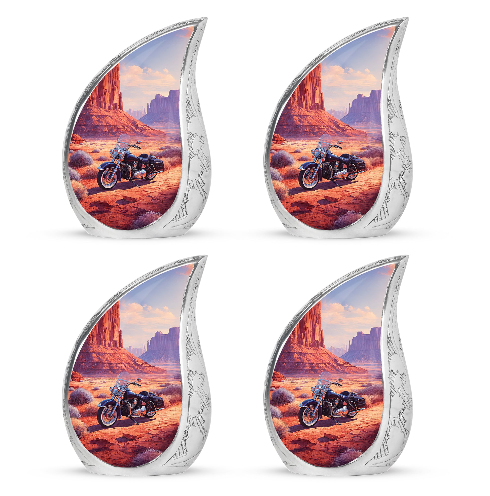 Rich Red Bike Cremation Urn close-up of engraving and surface detail - smooth teardrop contour featuring bike art - 10 inch aluminum urn for cremated remains