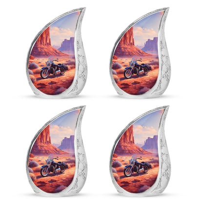 Rich Red Bike Cremation Urn close-up of engraving and surface detail - smooth teardrop contour featuring bike art - 10 inch aluminum urn for cremated remains