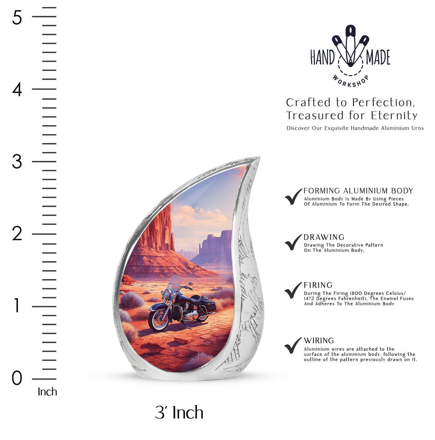 Fiery Red Bike Cremation Urn angled view of lid and engraved motif - graceful tear-shaped urn with bike motif - mini keepsake memorial for portion of cremation ashes