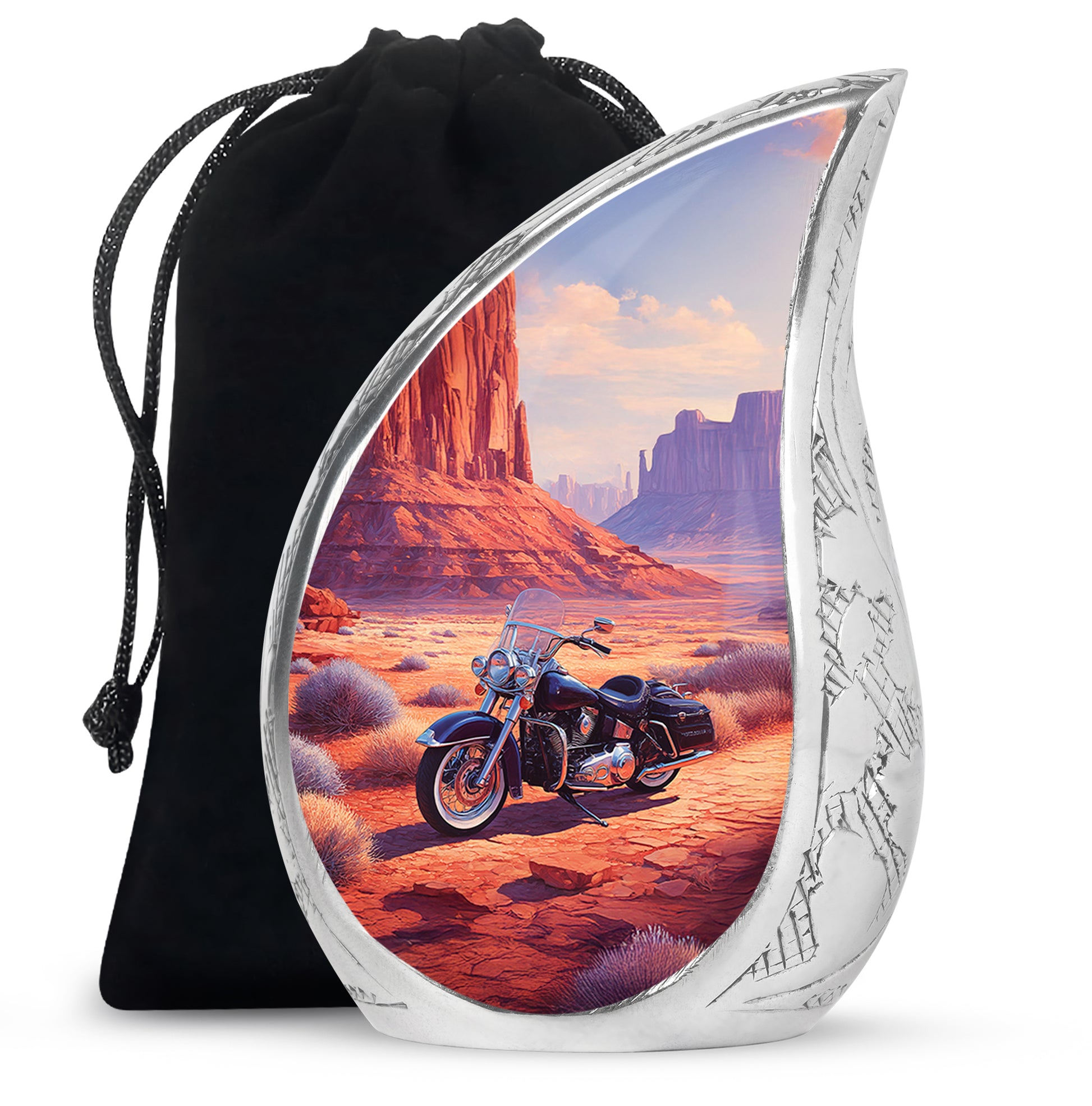 Crimson Red Bike Cremation Urn front view showing detailed design - rounded teardrop bike design with delicate detail - full-size 10 inch 200 cubic inch adult cremation urn