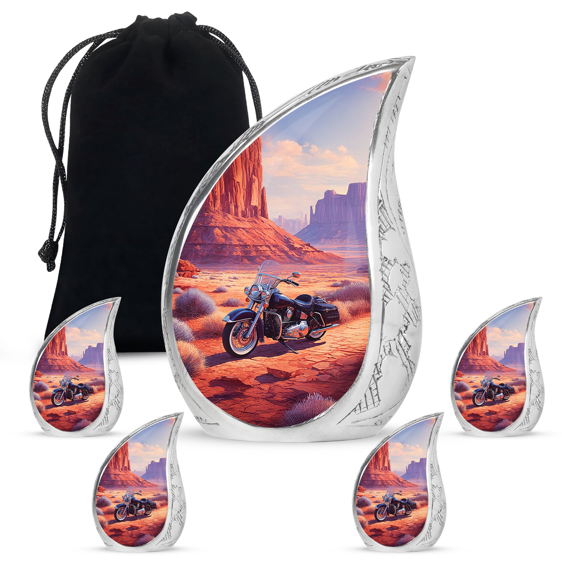 Scarlet Red Bike Cremation Urn side profile showing urn shape - graceful tear-shaped urn with bike motif - memorial set with one large and four small urns
