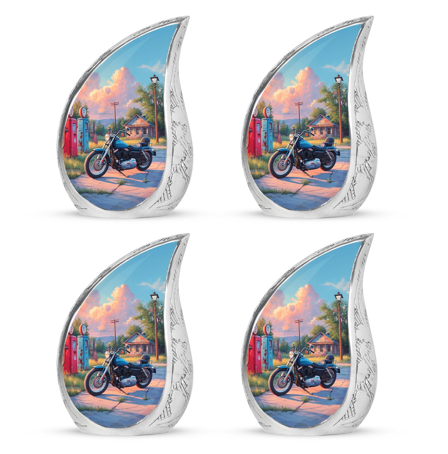 Icy Blue Bike Cremation Urn close-up of engraving and surface detail - rounded teardrop bike design with delicate detail - 10 inch aluminum urn for cremated remains