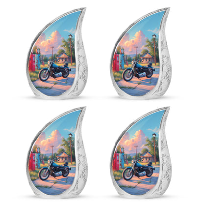 Icy Blue Bike Cremation Urn close-up of engraving and surface detail - rounded teardrop bike design with delicate detail - 10 inch aluminum urn for cremated remains