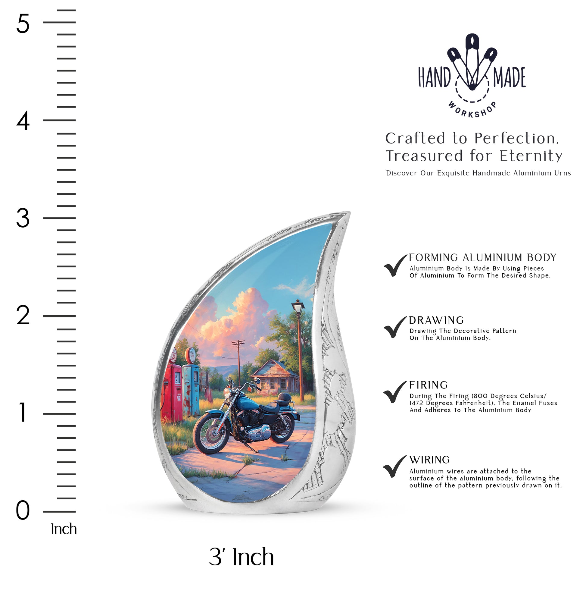 Calming Blue Bike Cremation Urn angled view of lid and engraved motif - graceful tear-shaped urn with bike motif - mini keepsake memorial for portion of cremation ashes