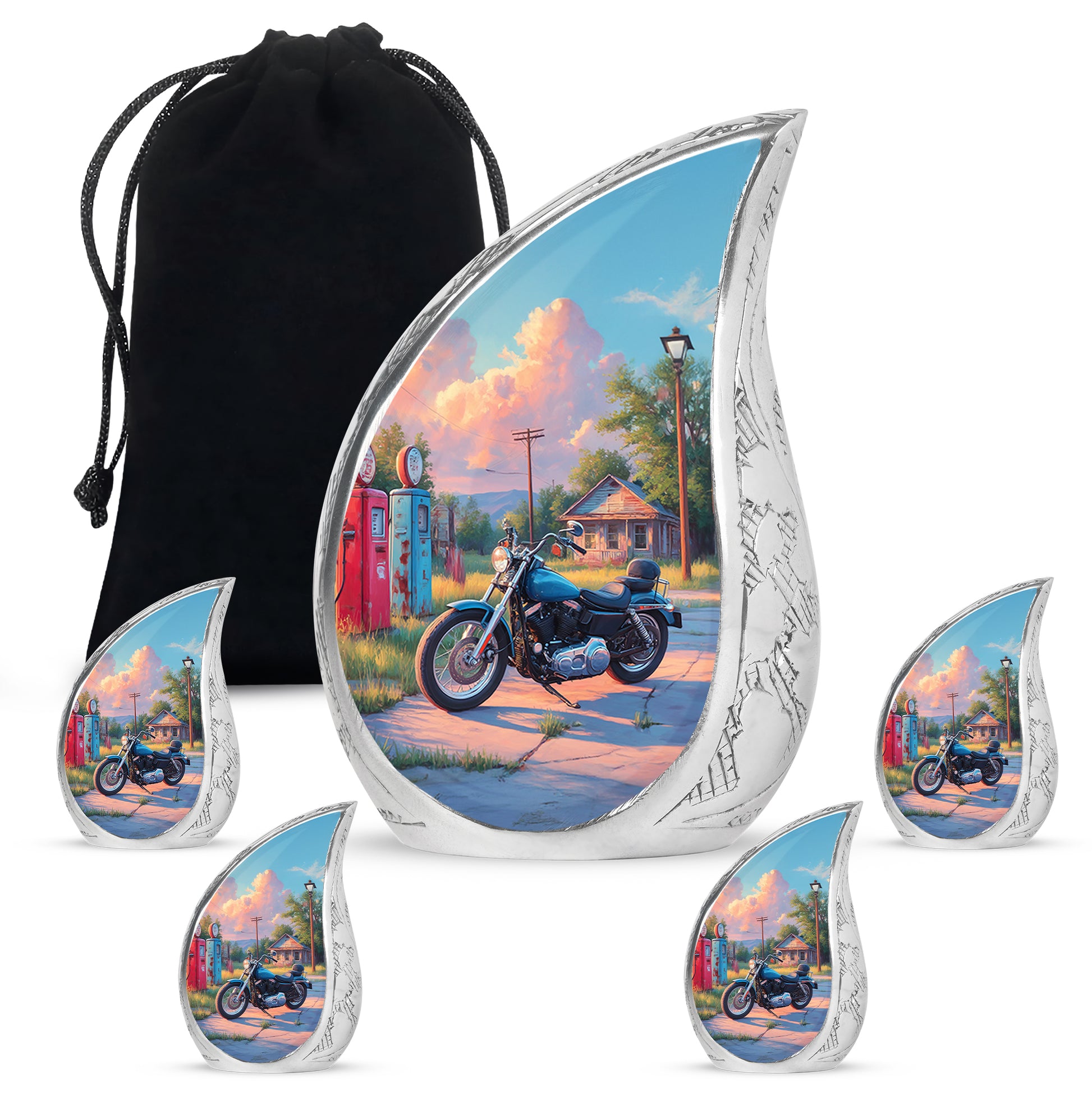 Cornflower Blue Bike Cremation Urn side profile showing urn shape - smooth teardrop contour featuring bike art - memorial set with one large and four small urns