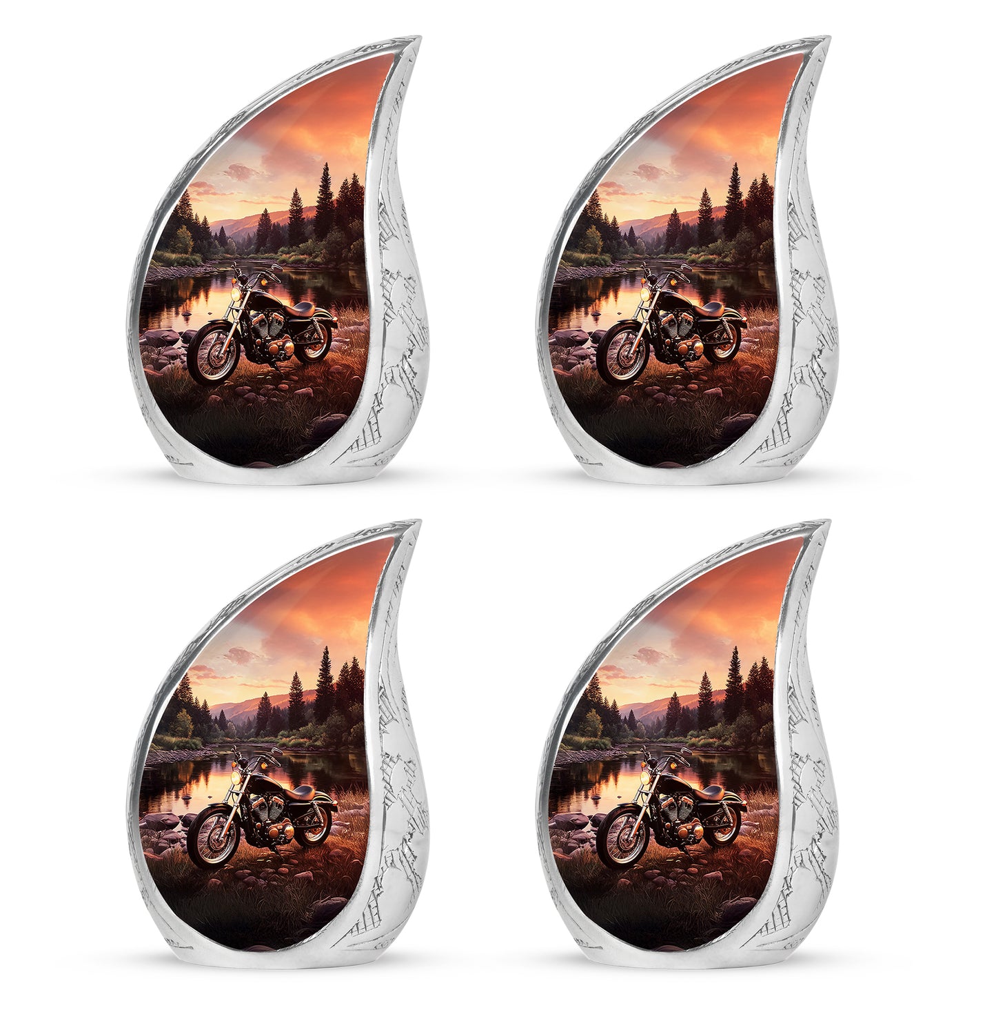 Matte Gold Bike Cremation Urn close-up of engraving and surface detail - graceful tear-shaped urn with bike motif - 10 inch aluminum urn for cremated remains
