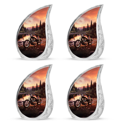 Matte Gold Bike Cremation Urn close-up of engraving and surface detail - graceful tear-shaped urn with bike motif - 10 inch aluminum urn for cremated remains
