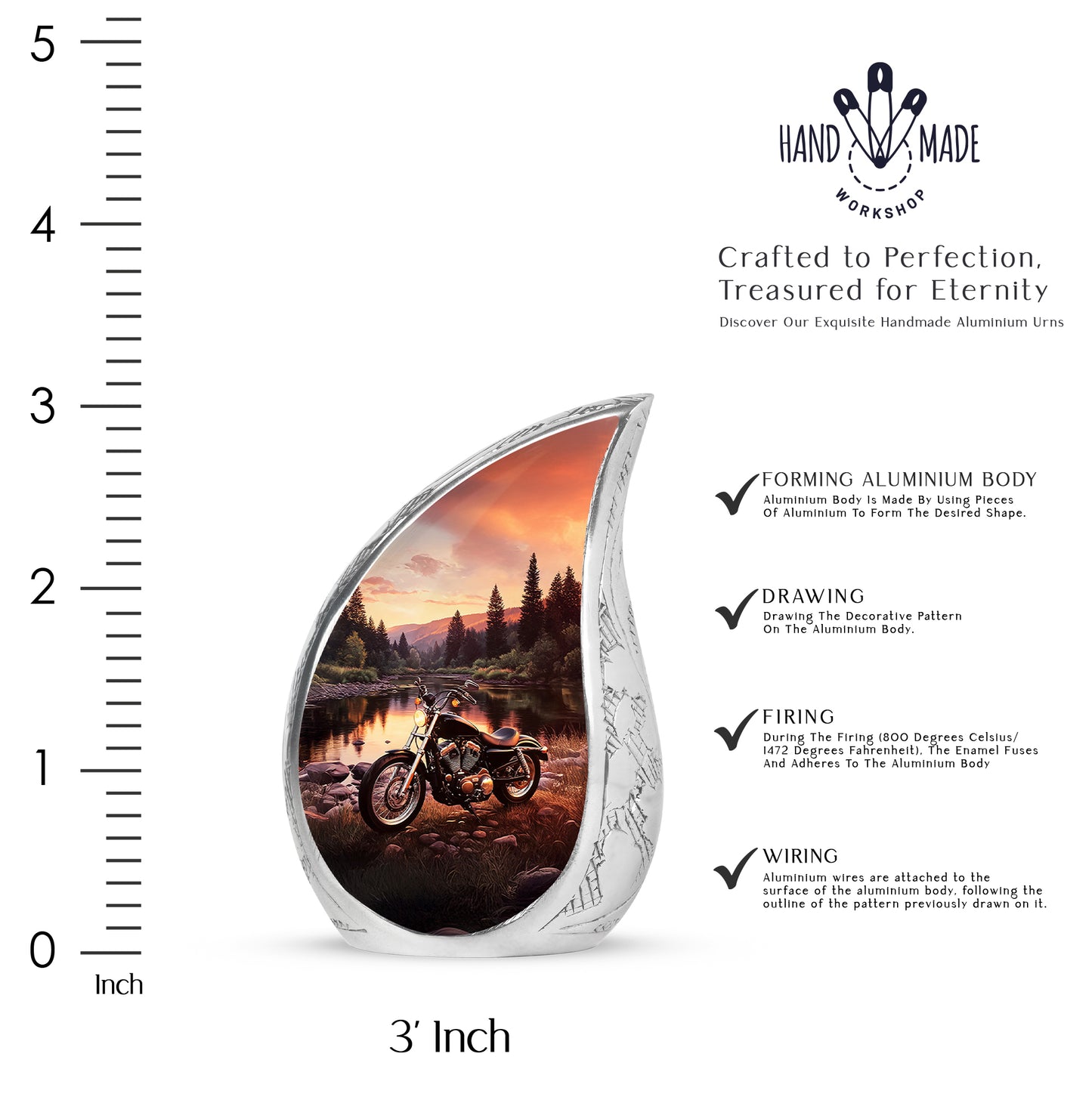 Harvest Gold Bike Cremation Urn angled view of lid and engraved motif - smooth teardrop contour featuring bike art - mini keepsake memorial for portion of cremation ashes