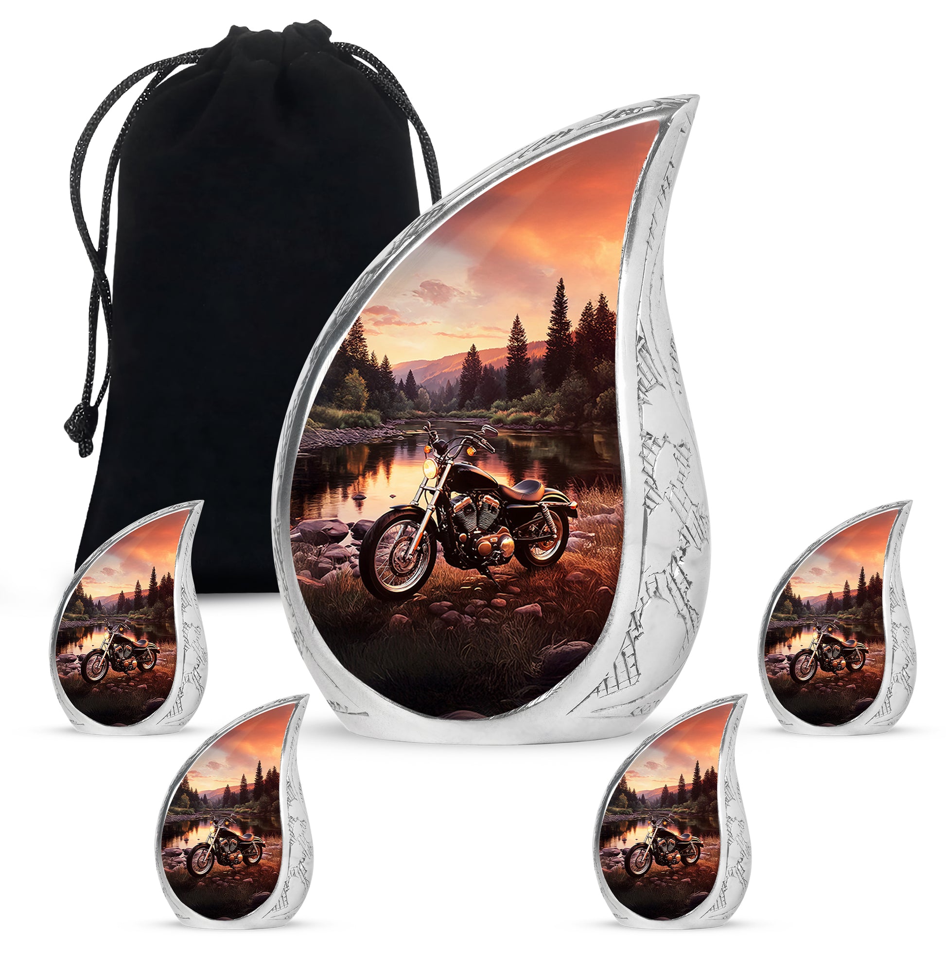 Matte Gold Bike Cremation Urn side profile showing urn shape - graceful tear-shaped urn with bike motif - memorial set with one large and four small urns