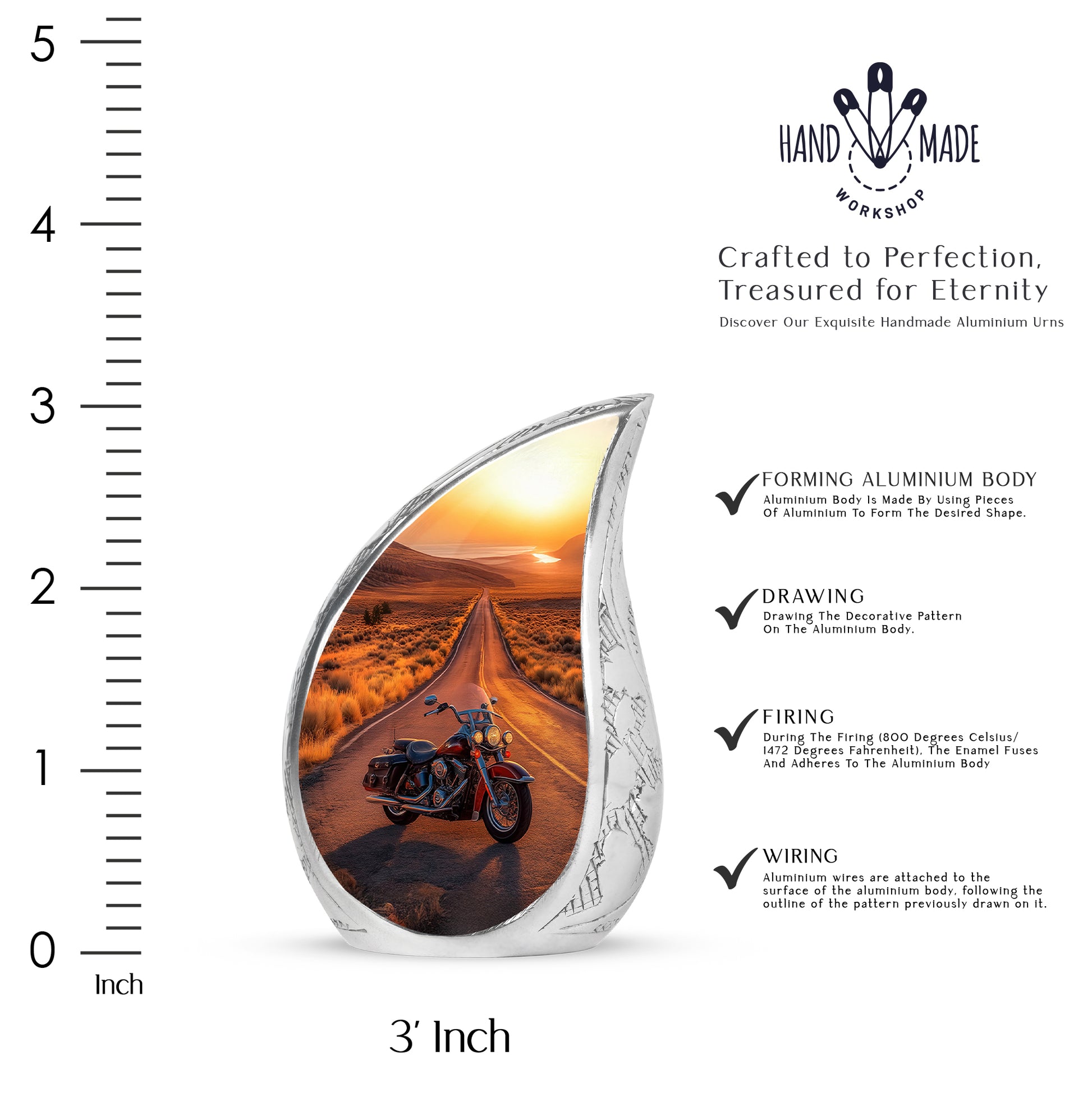 Deep Red Bike Cremation Urn angled view of lid and engraved motif - flowing teardrop bike silhouette on curved aluminum - mini keepsake memorial for portion of cremation ashes