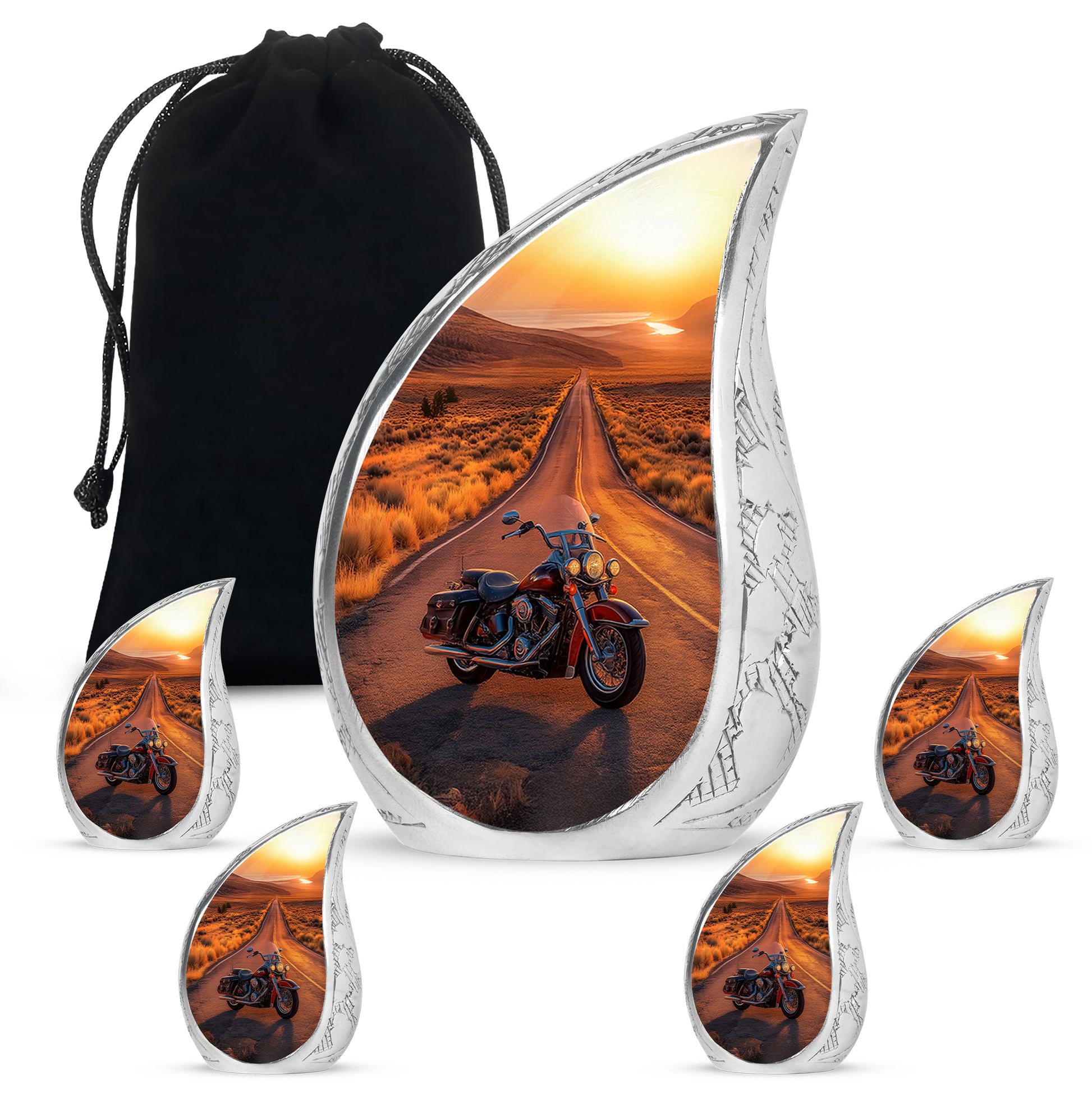 Ruby Red Bike Cremation Urn side profile showing urn shape - graceful tear-shaped urn with bike motif - memorial set with one large and four small urns