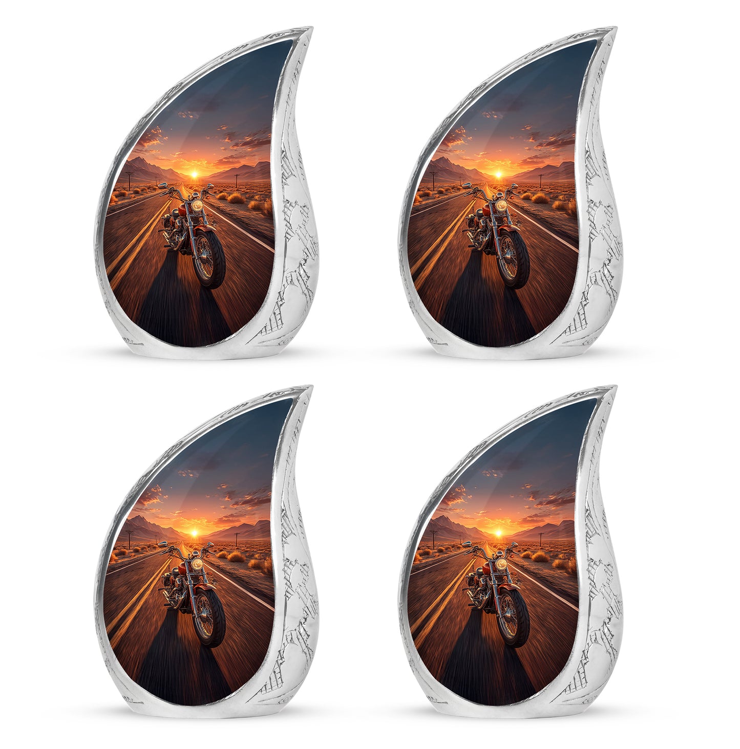 Matte Gold Bike Cremation Urn close-up of engraving and surface detail - smooth teardrop contour featuring bike art - 10 inch aluminum urn for cremated remains