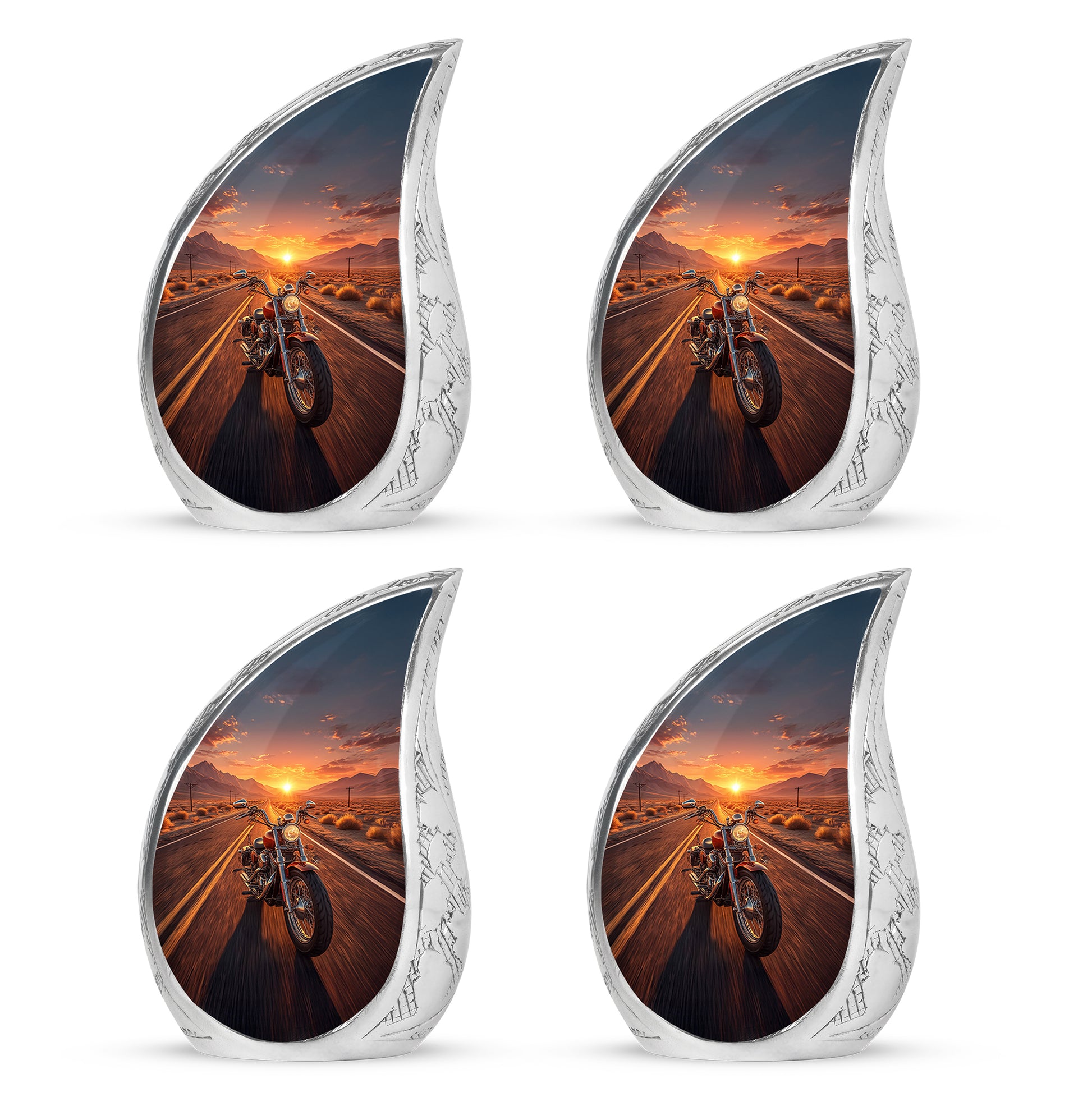 Matte Gold Bike Cremation Urn close-up of engraving and surface detail - smooth teardrop contour featuring bike art - 10 inch aluminum urn for cremated remains