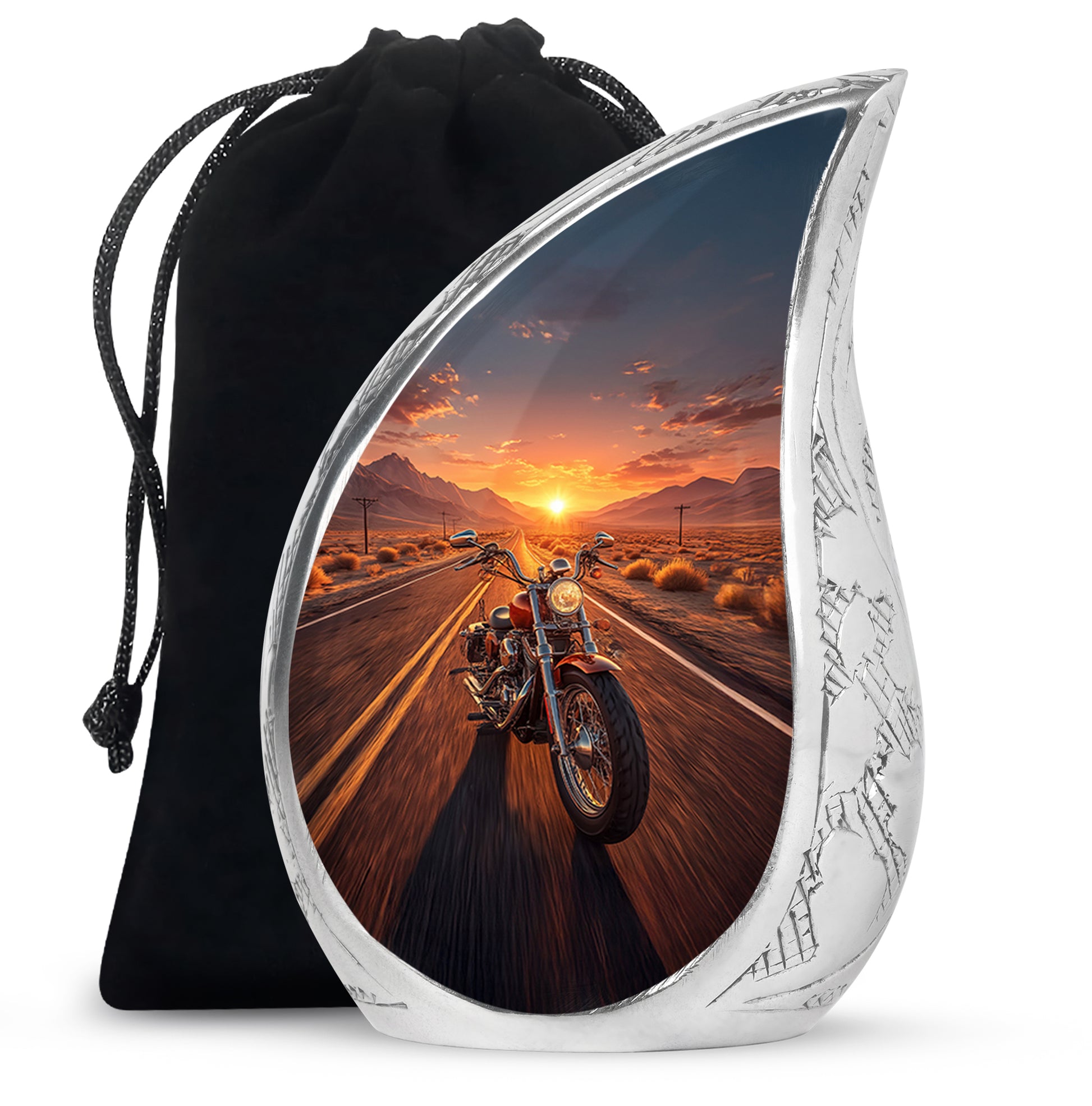 Royal Gold Bike Cremation Urn front view showing detailed design - graceful tear-shaped urn with bike motif - full-size 10 inch 200 cubic inch adult cremation urn