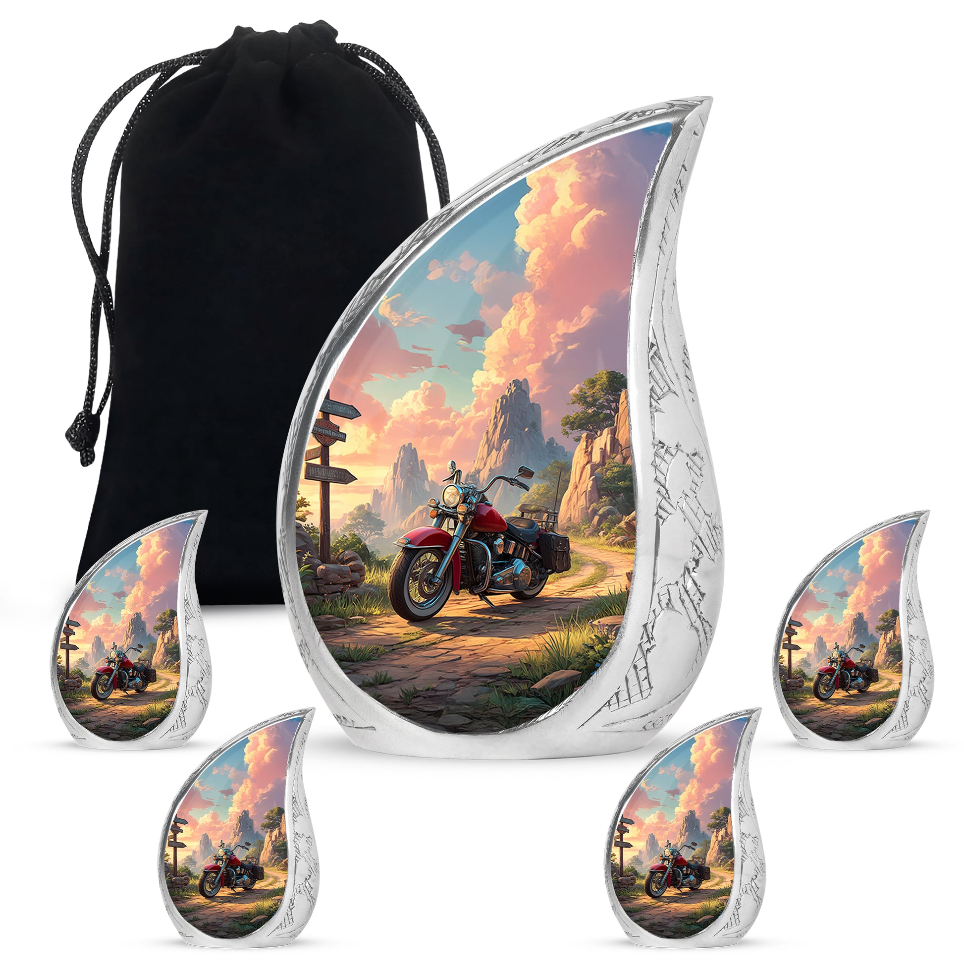 Wine Red Bike Cremation Urn side profile showing urn shape - rounded teardrop bike design with delicate detail - memorial set with one large and four small urns