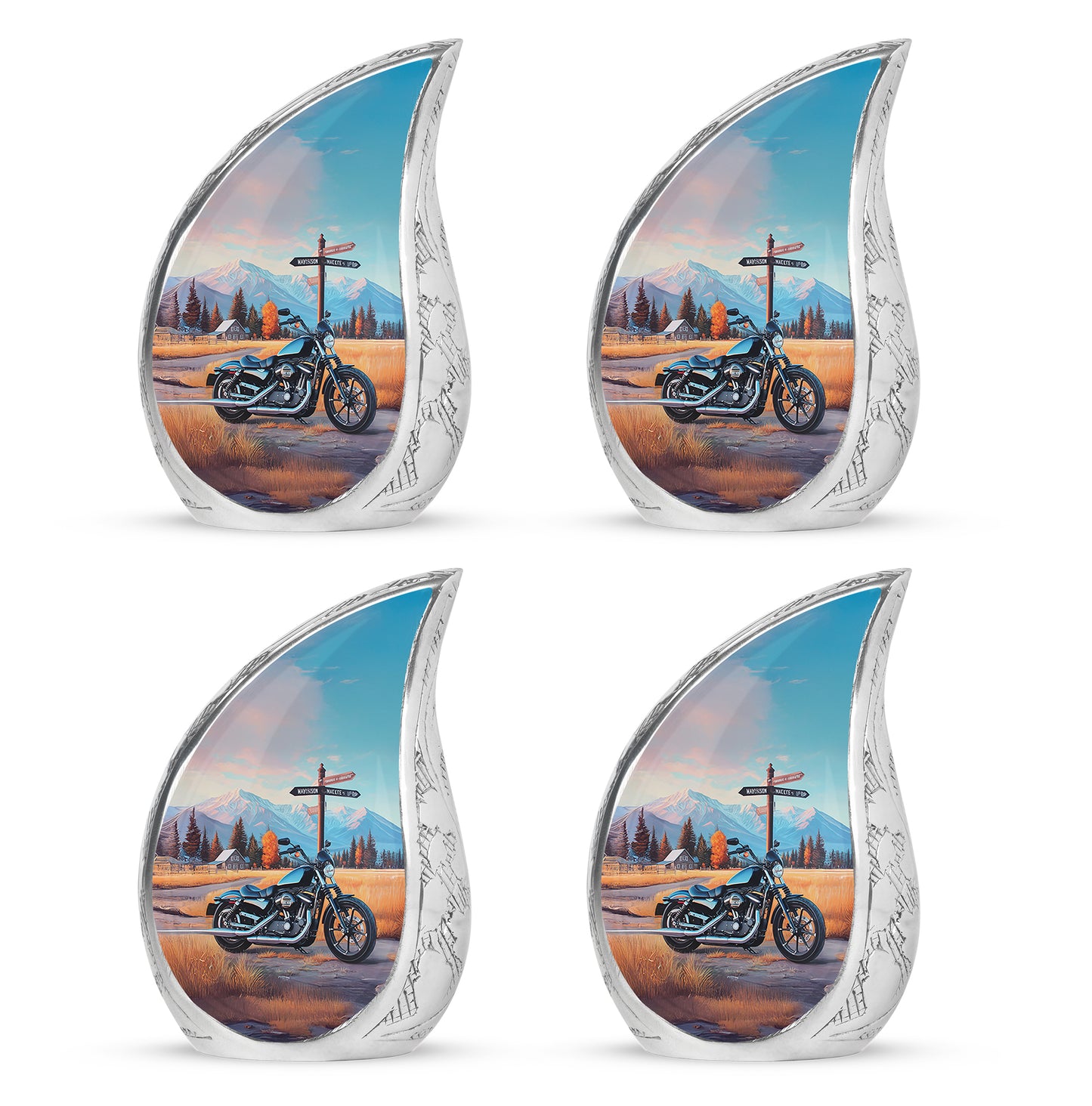 Sky Blue Bike Cremation Urn close-up of engraving and surface detail - flowing teardrop bike silhouette on curved aluminum - 10 inch aluminum urn for cremated remains
