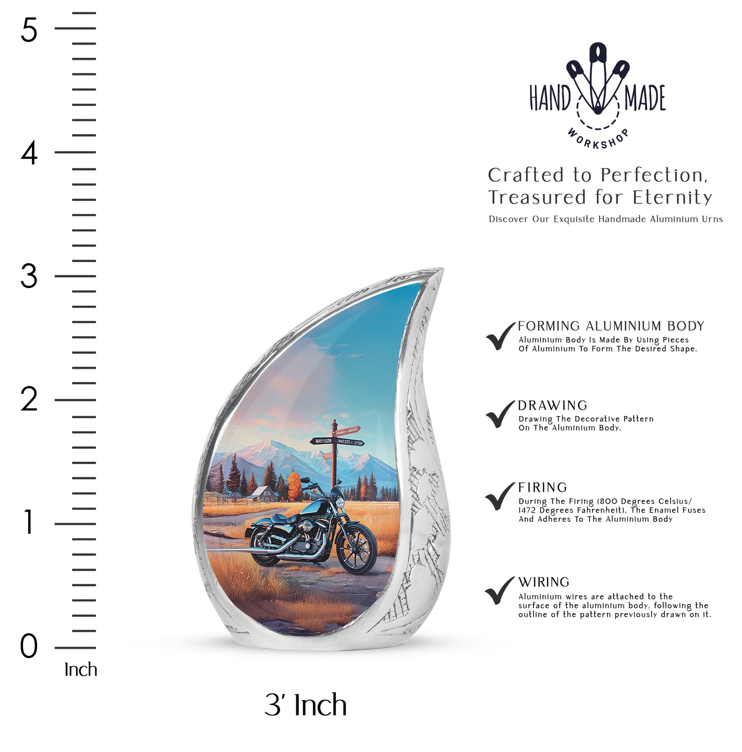 Pastel Blue Bike Cremation Urn angled view of lid and engraved motif - flowing teardrop bike silhouette on curved aluminum - mini keepsake memorial for portion of cremation ashes