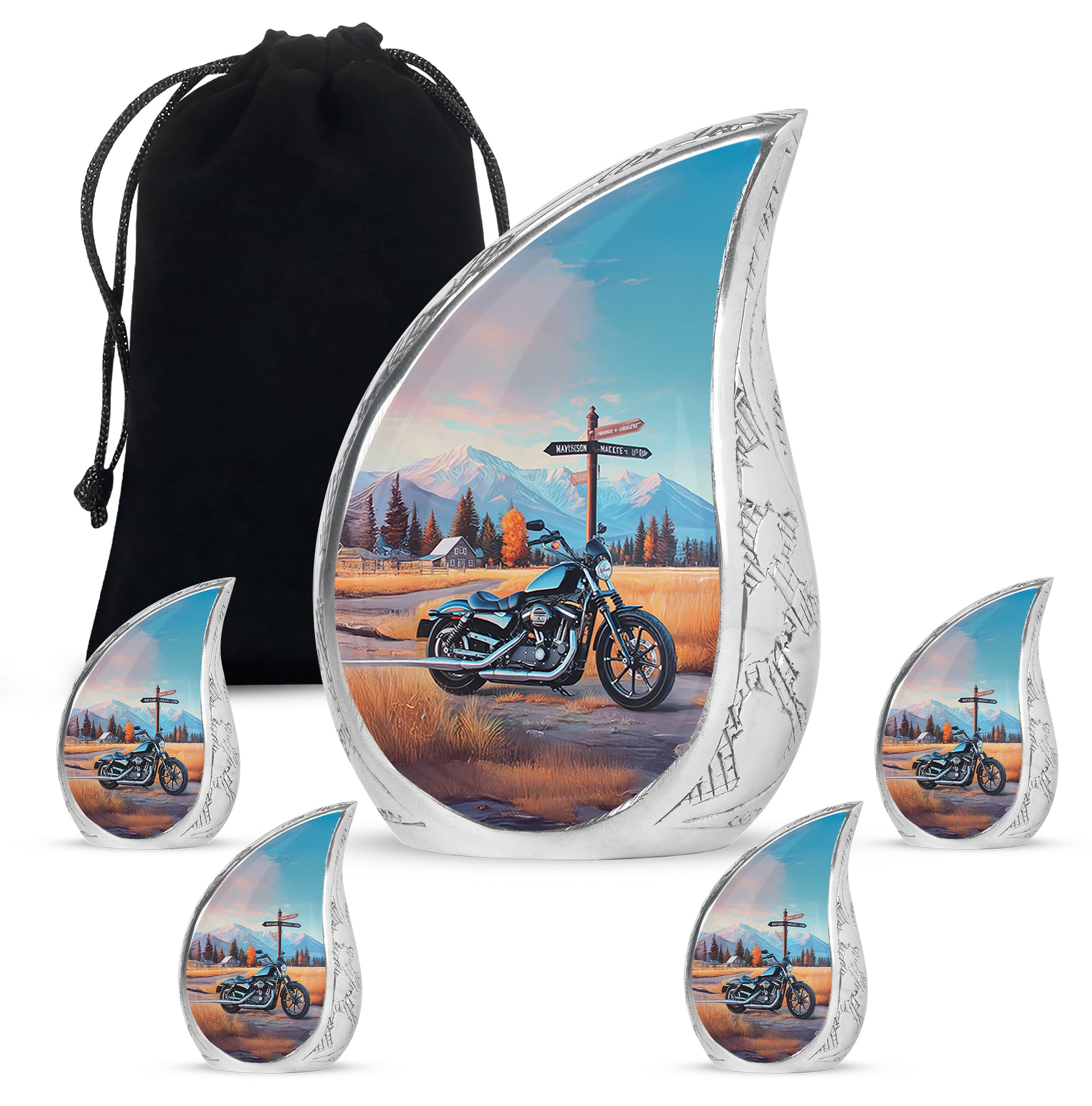 Twilight Blue Bike Cremation Urn side profile showing urn shape - graceful tear-shaped urn with bike motif - memorial set with one large and four small urns