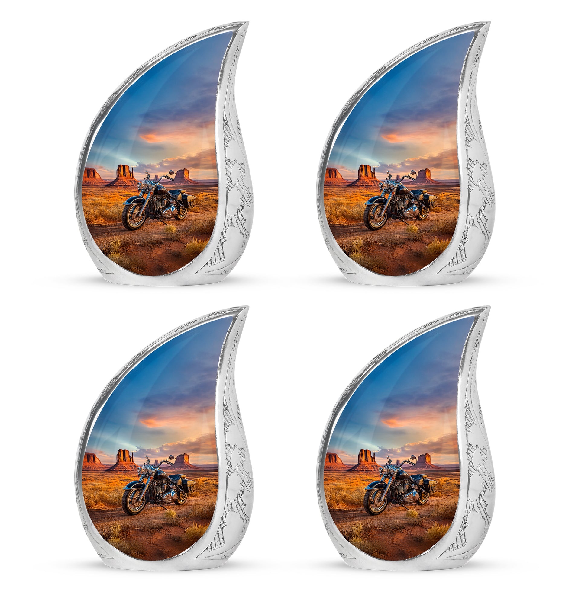 Cobalt Blue Bike Cremation Urn close-up of engraving and surface detail - graceful tear-shaped urn with bike motif - 10 inch aluminum urn for cremated remains