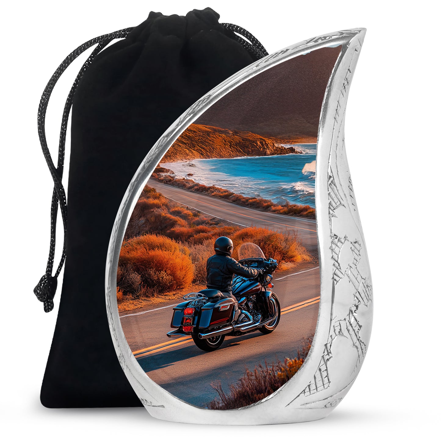 Royal Gold Bike Cremation Urn front view showing detailed design - smooth teardrop contour featuring bike art - full-size 10 inch 200 cubic inch adult cremation urn