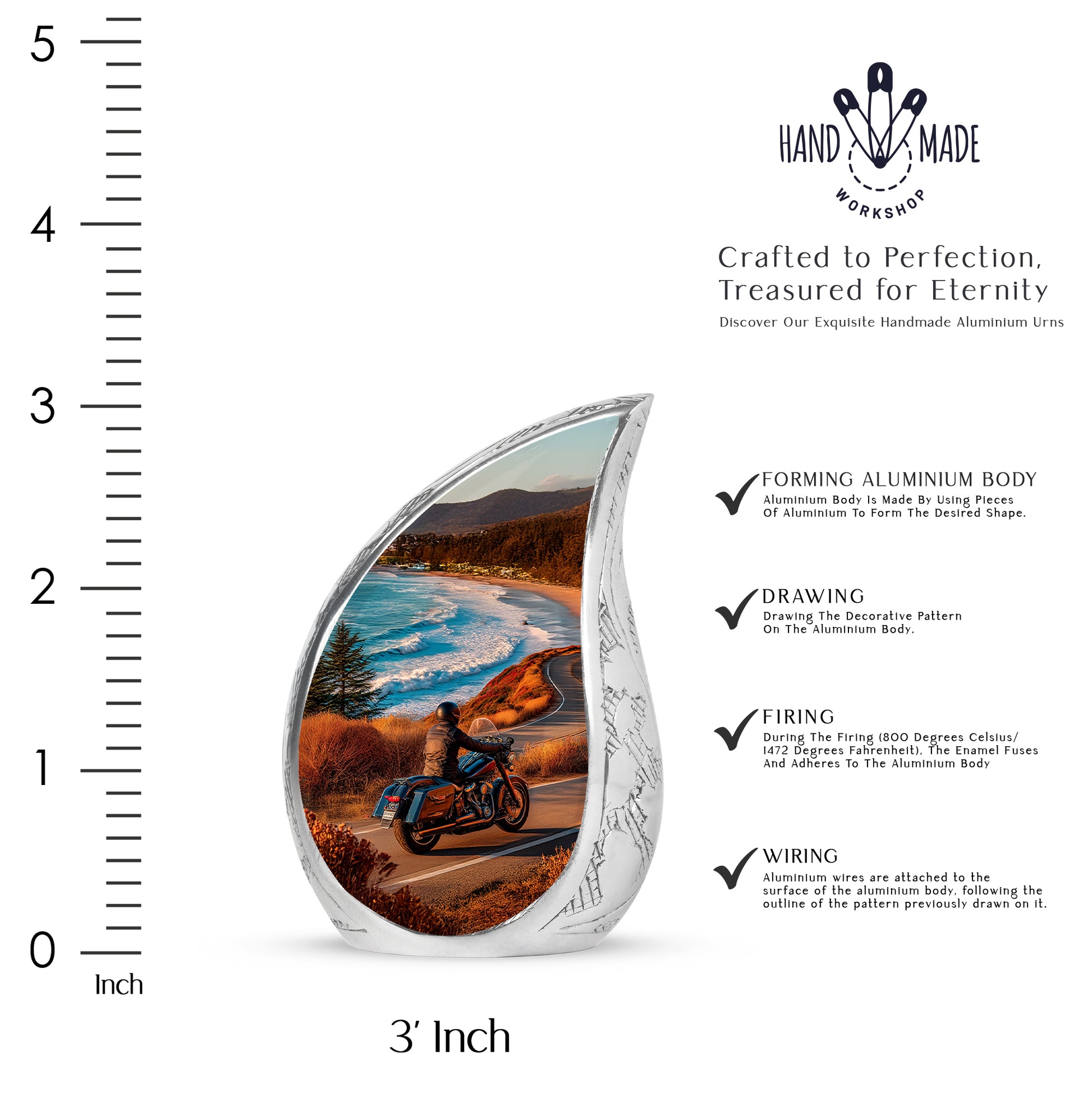 Deep Teal Bike Cremation Urn angled view of lid and engraved motif - graceful tear-shaped urn with bike motif - mini keepsake memorial for portion of cremation ashes