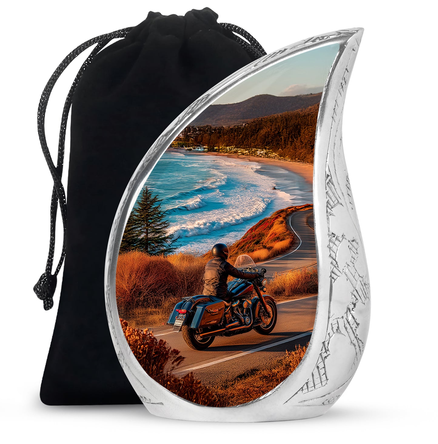 Jewel Teal Bike Cremation Urn front view showing detailed design - flowing teardrop bike silhouette on curved aluminum - full-size 10 inch 200 cubic inch adult cremation urn