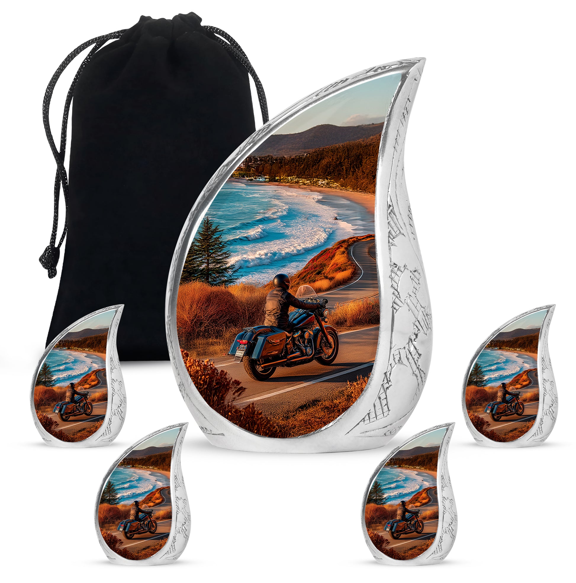 Ocean Teal Bike Cremation Urn side profile showing urn shape - rounded teardrop bike design with delicate detail - memorial set with one large and four small urns
