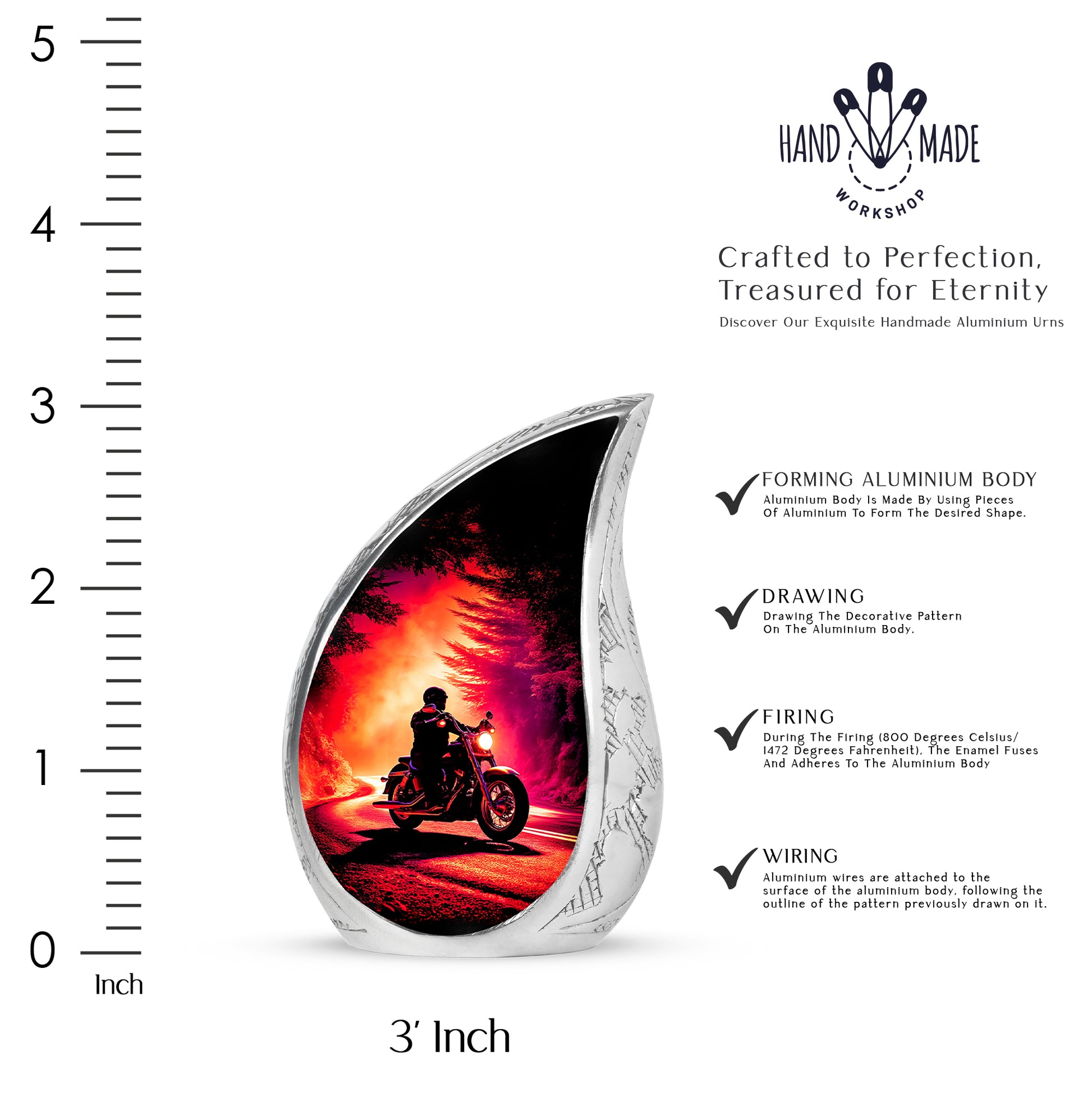Dark Black Bike Cremation Urn angled view of lid and engraved motif - graceful tear-shaped urn with bike motif - mini keepsake memorial for portion of cremation ashes