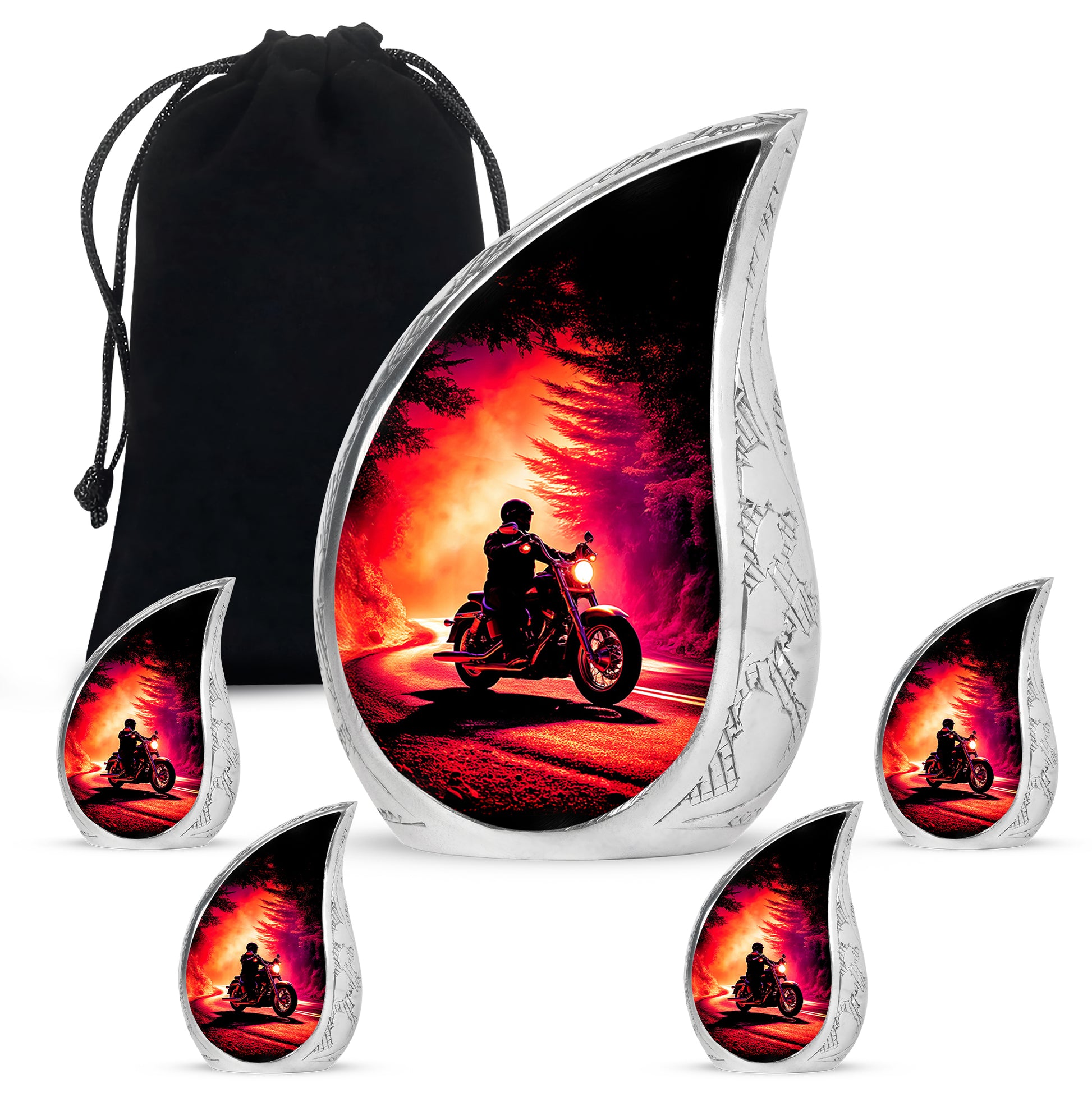 Deep Black Bike Cremation Urn side profile showing urn shape - rounded teardrop bike design with delicate detail - memorial set with one large and four small urns
