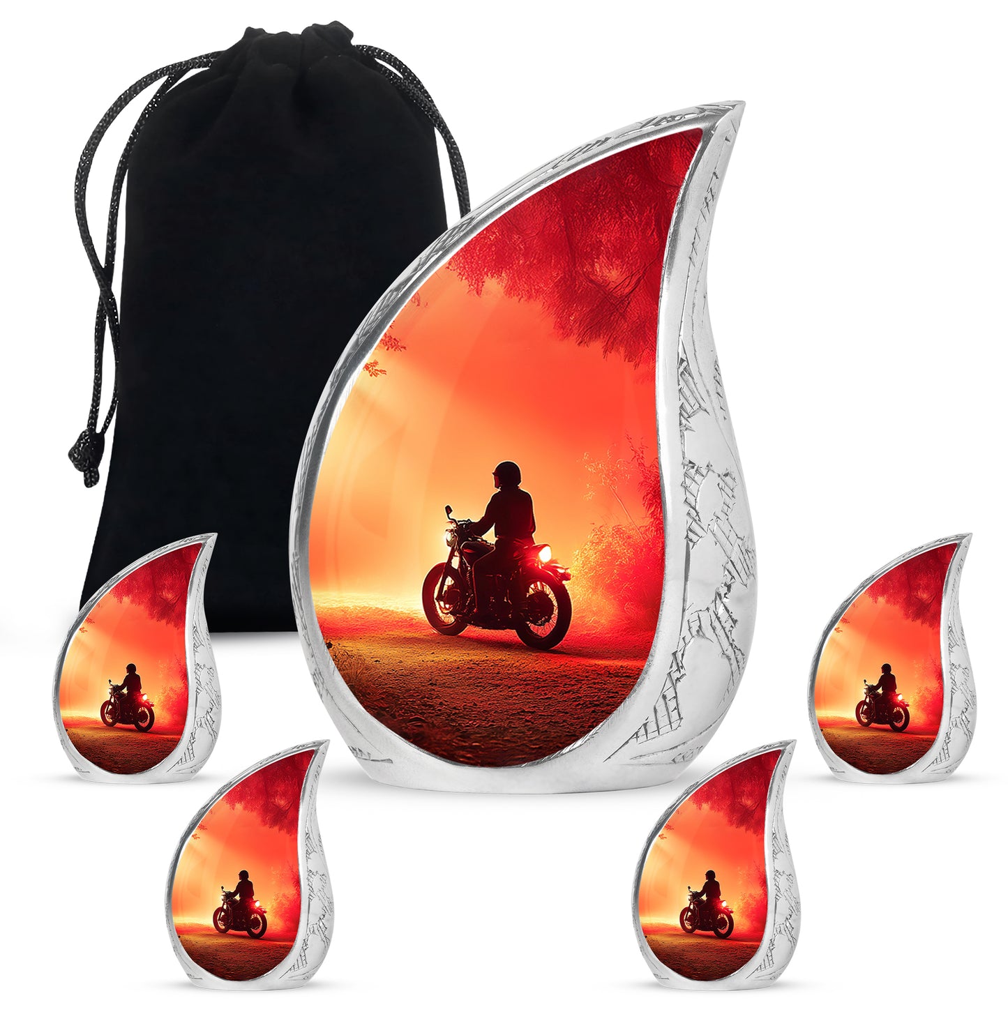 Cherry Red Bike Cremation Urn side profile showing urn shape - graceful tear-shaped urn with bike motif - memorial set with one large and four small urns