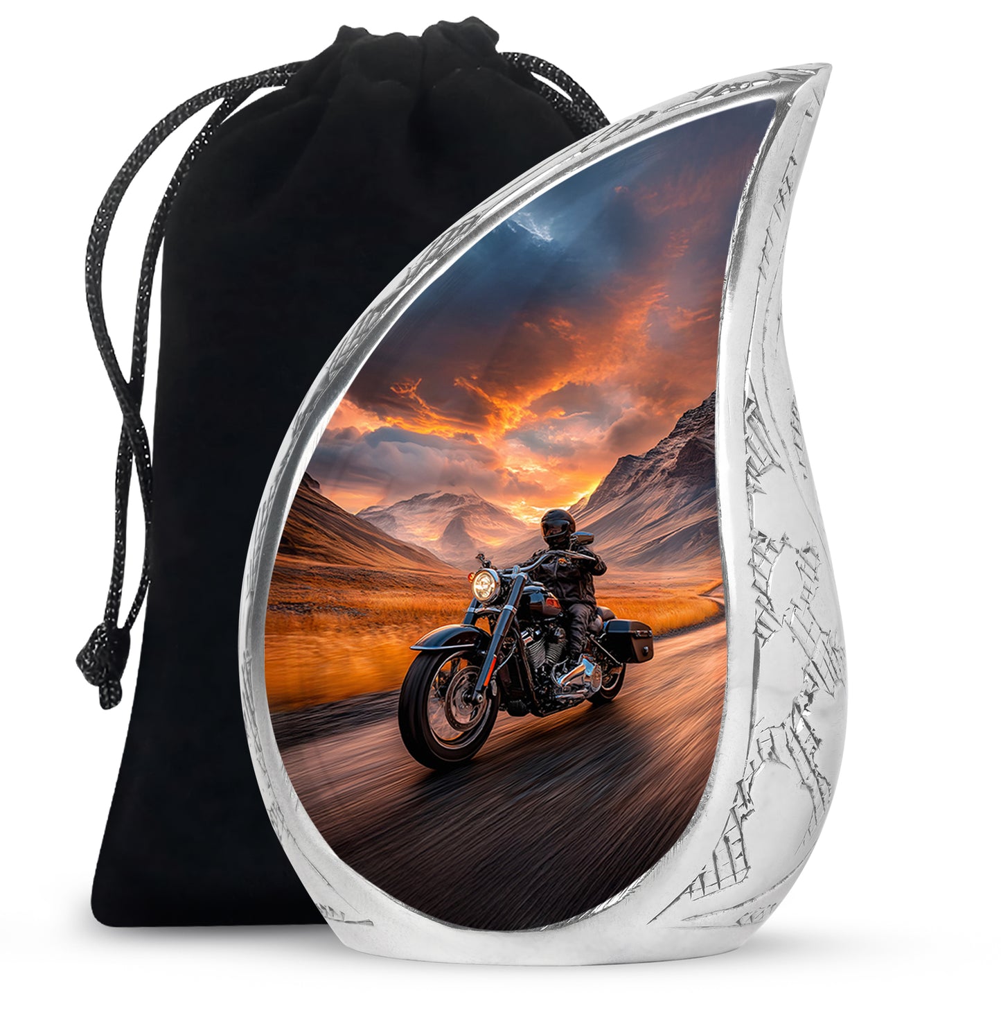 Crimson Red Bike Cremation Urn front view showing detailed design - flowing teardrop bike silhouette on curved aluminum - full-size 10 inch 200 cubic inch adult cremation urn