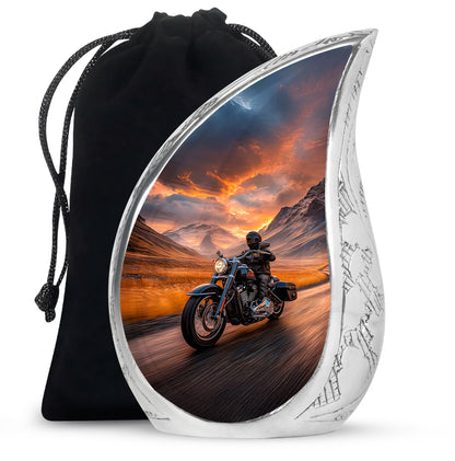 Crimson Red Bike Cremation Urn front view showing detailed design - flowing teardrop bike silhouette on curved aluminum - full-size 10 inch 200 cubic inch adult cremation urn