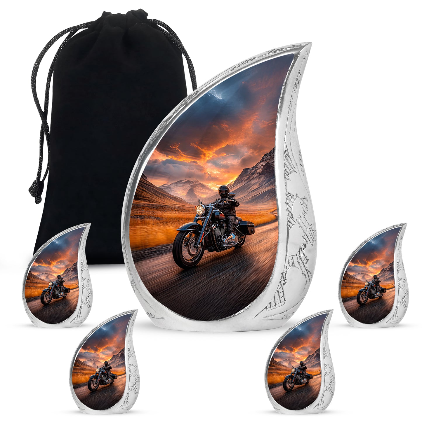 Ruby Red Bike Cremation Urn side profile showing urn shape - smooth teardrop contour featuring bike art - memorial set with one large and four small urns