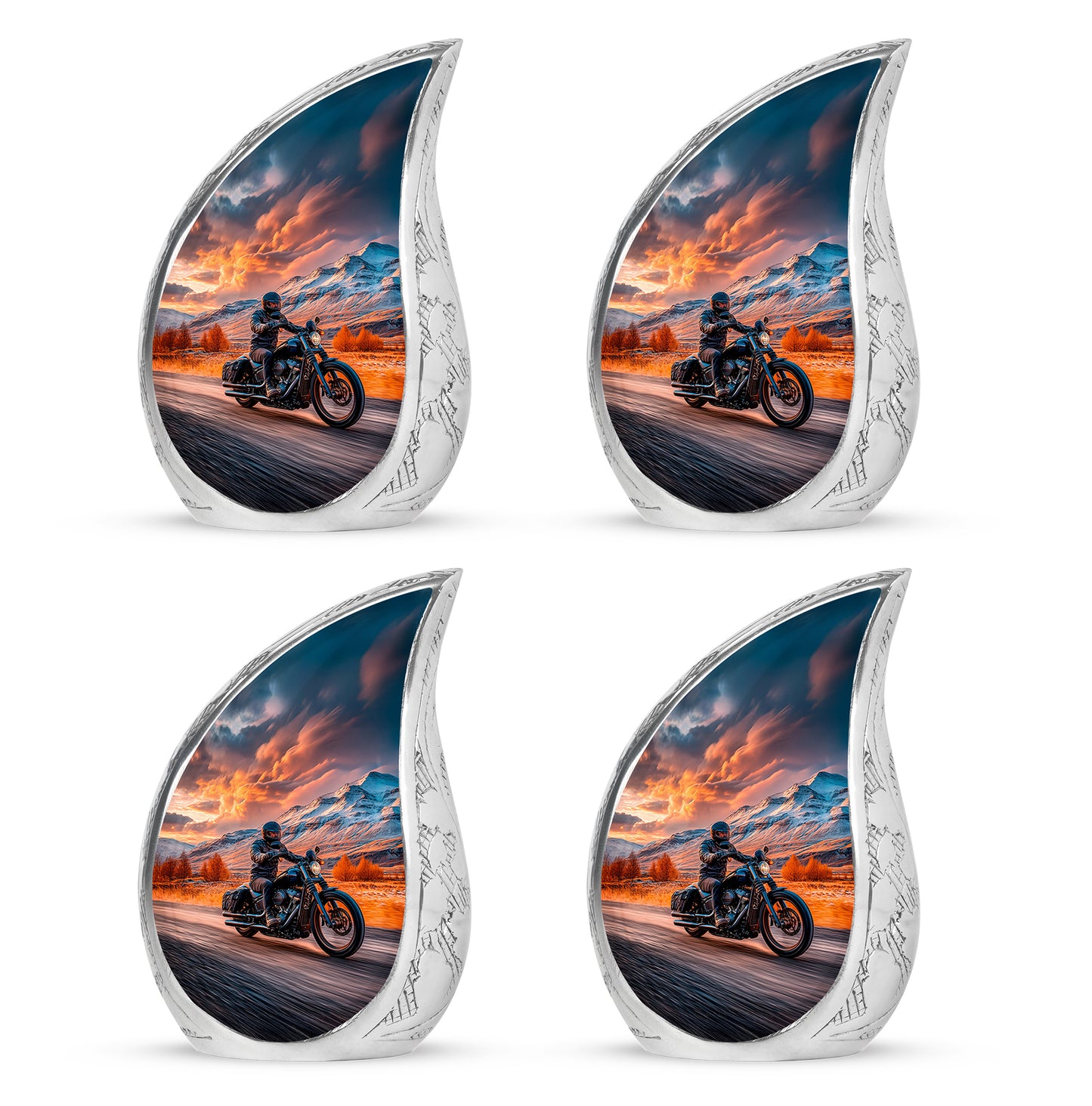 Garnet Red Bike Cremation Urn close-up of engraving and surface detail - flowing teardrop bike silhouette on curved aluminum - 10 inch aluminum urn for cremated remains