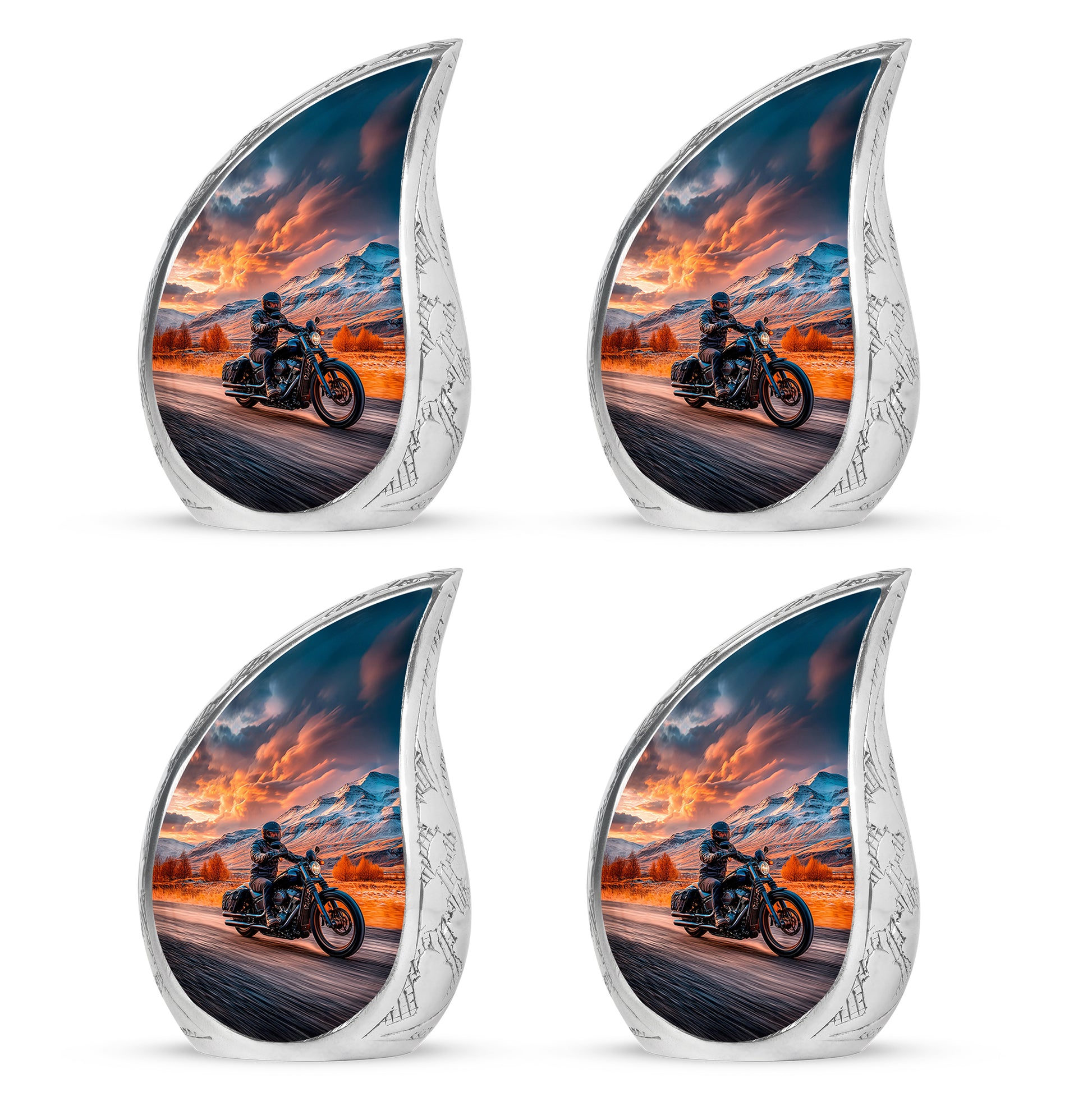 Garnet Red Bike Cremation Urn close-up of engraving and surface detail - flowing teardrop bike silhouette on curved aluminum - 10 inch aluminum urn for cremated remains