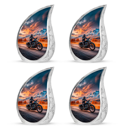 Garnet Red Bike Cremation Urn close-up of engraving and surface detail - flowing teardrop bike silhouette on curved aluminum - 10 inch aluminum urn for cremated remains
