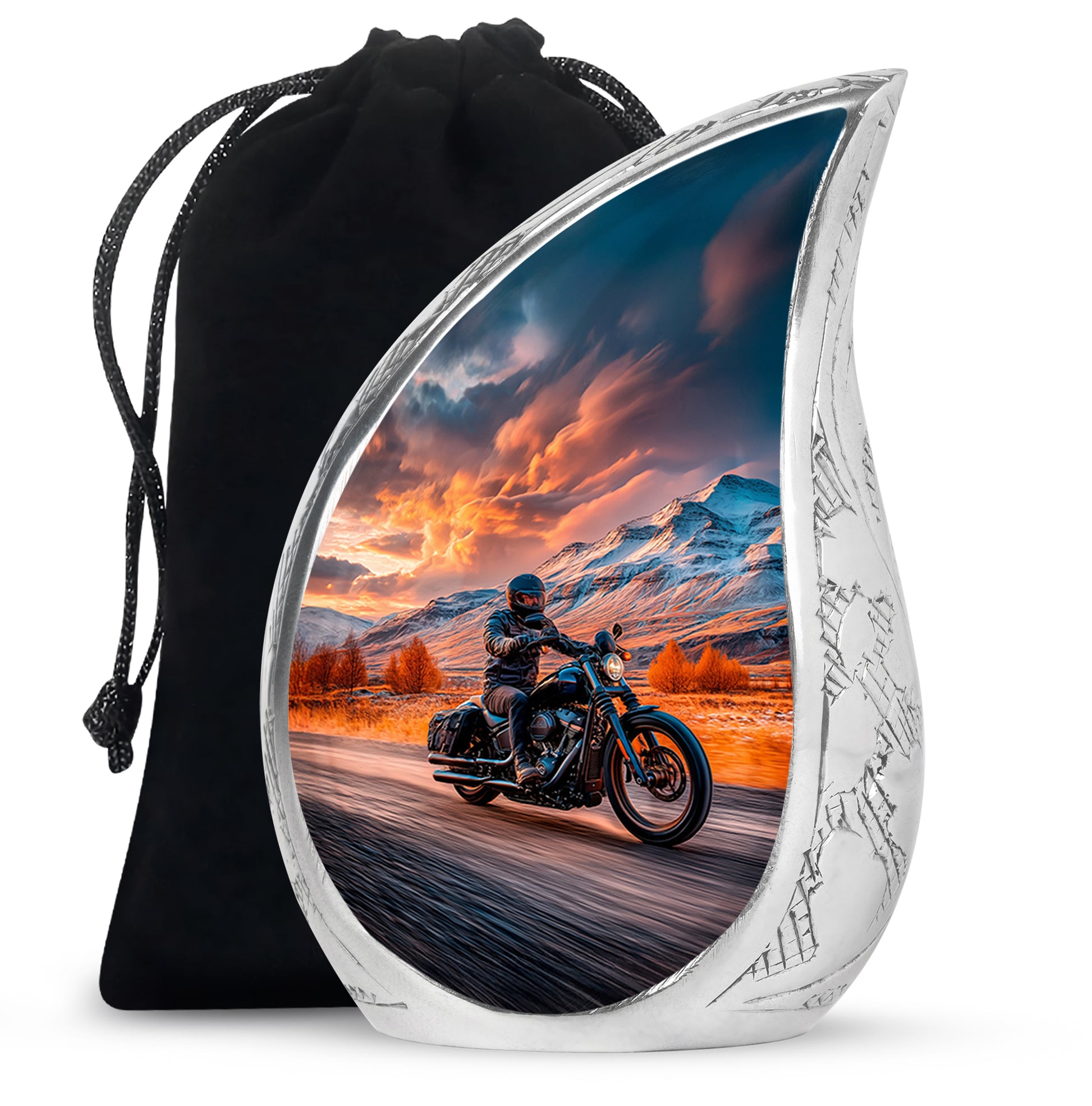 Crimson Red Bike Cremation Urn front view showing detailed design - flowing teardrop bike silhouette on curved aluminum - full-size 10 inch 200 cubic inch adult cremation urn
