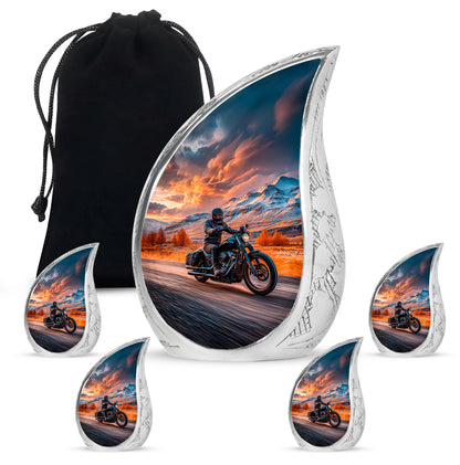 Crimson Red Bike Cremation Urn side profile showing urn shape - flowing teardrop bike silhouette on curved aluminum - memorial set with one large and four small urns