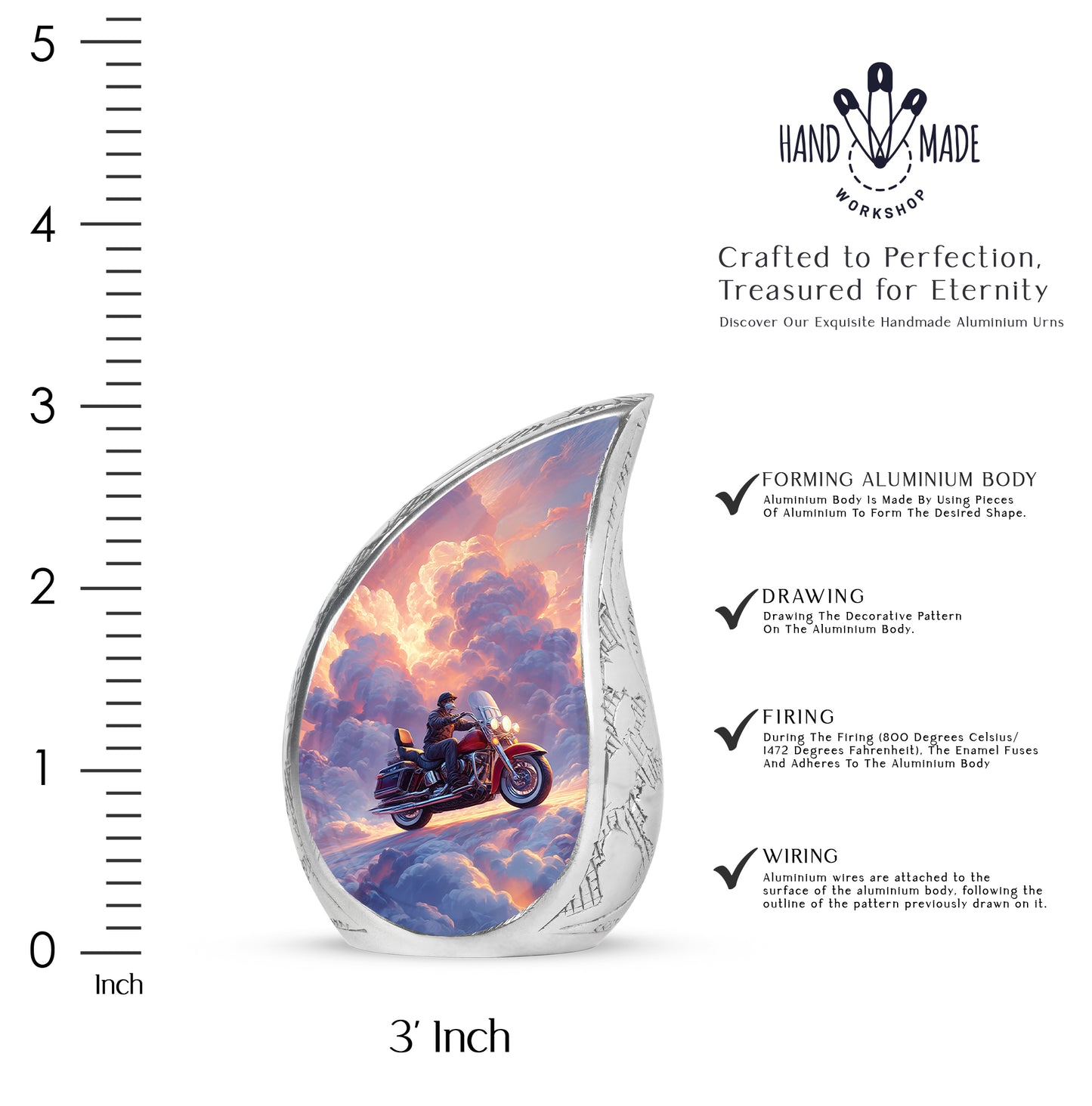 Celestial Blue Bike Cremation Urn angled view of lid and engraved motif - flowing teardrop bike silhouette on curved aluminum - mini keepsake memorial for portion of cremation ashes