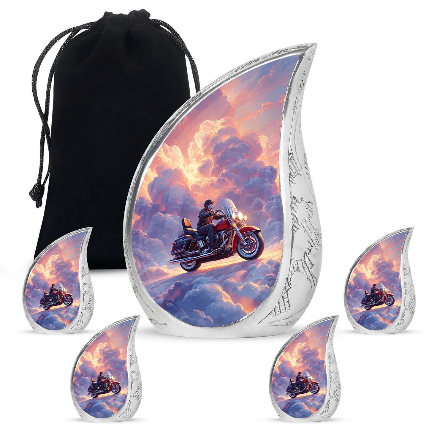 Icy Blue Bike Cremation Urn side profile showing urn shape - flowing teardrop bike silhouette on curved aluminum - memorial set with one large and four small urns