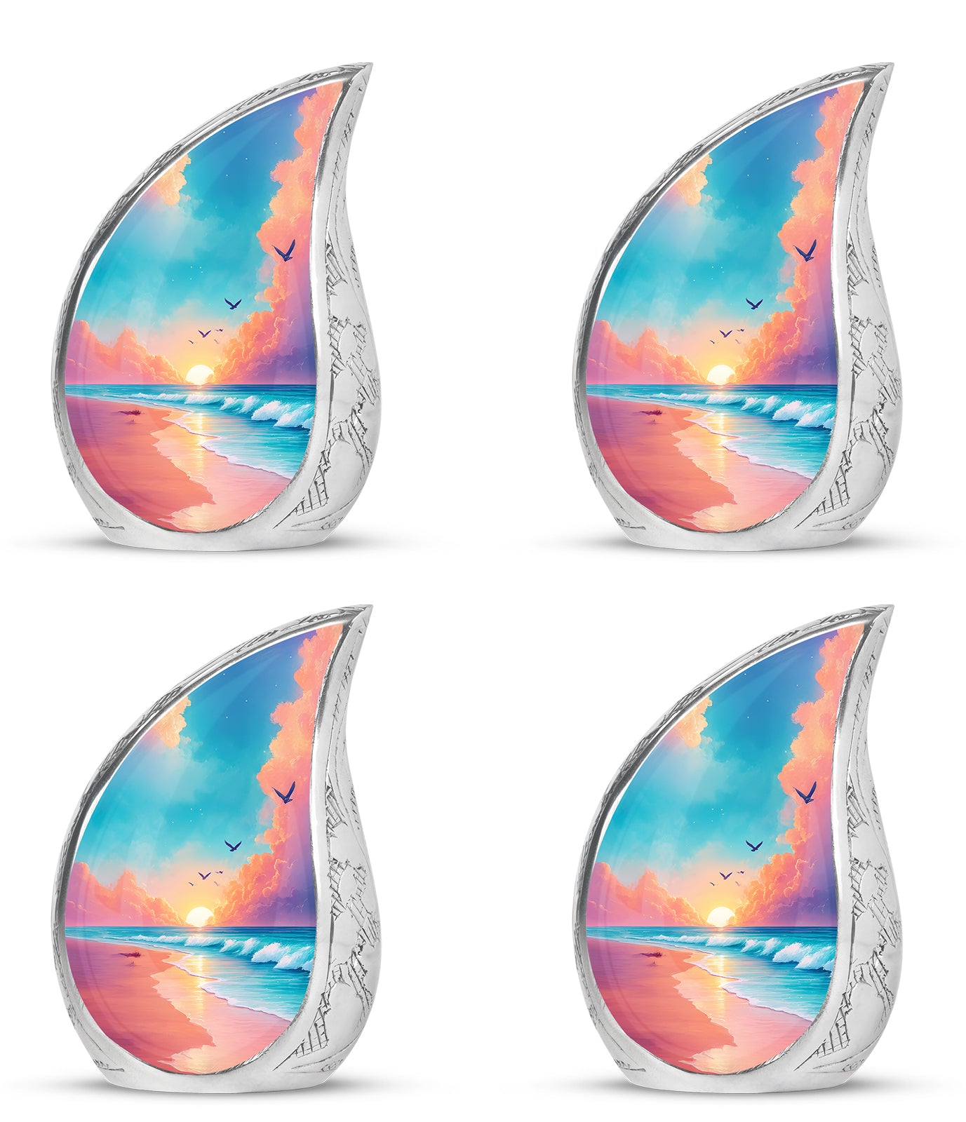 Cool Teal Beach Cremation Urn close-up of engraving and surface detail - flowing teardrop beach silhouette on curved aluminum - 10 inch aluminum urn for cremated remains